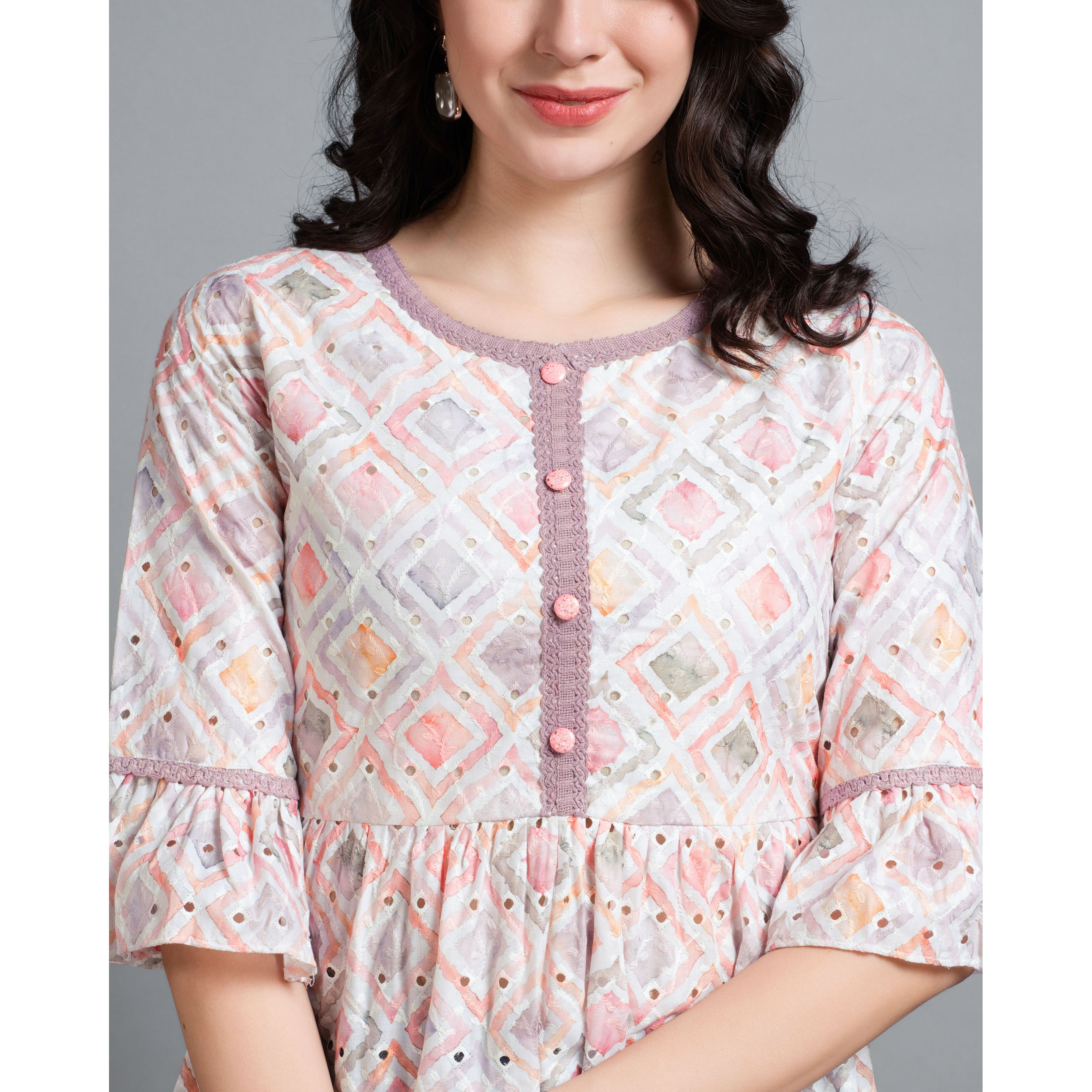 MOJILAA Women's Mauve Pure Cotton Blend Abstract Bored Schiffli Embroidered Peplum Top