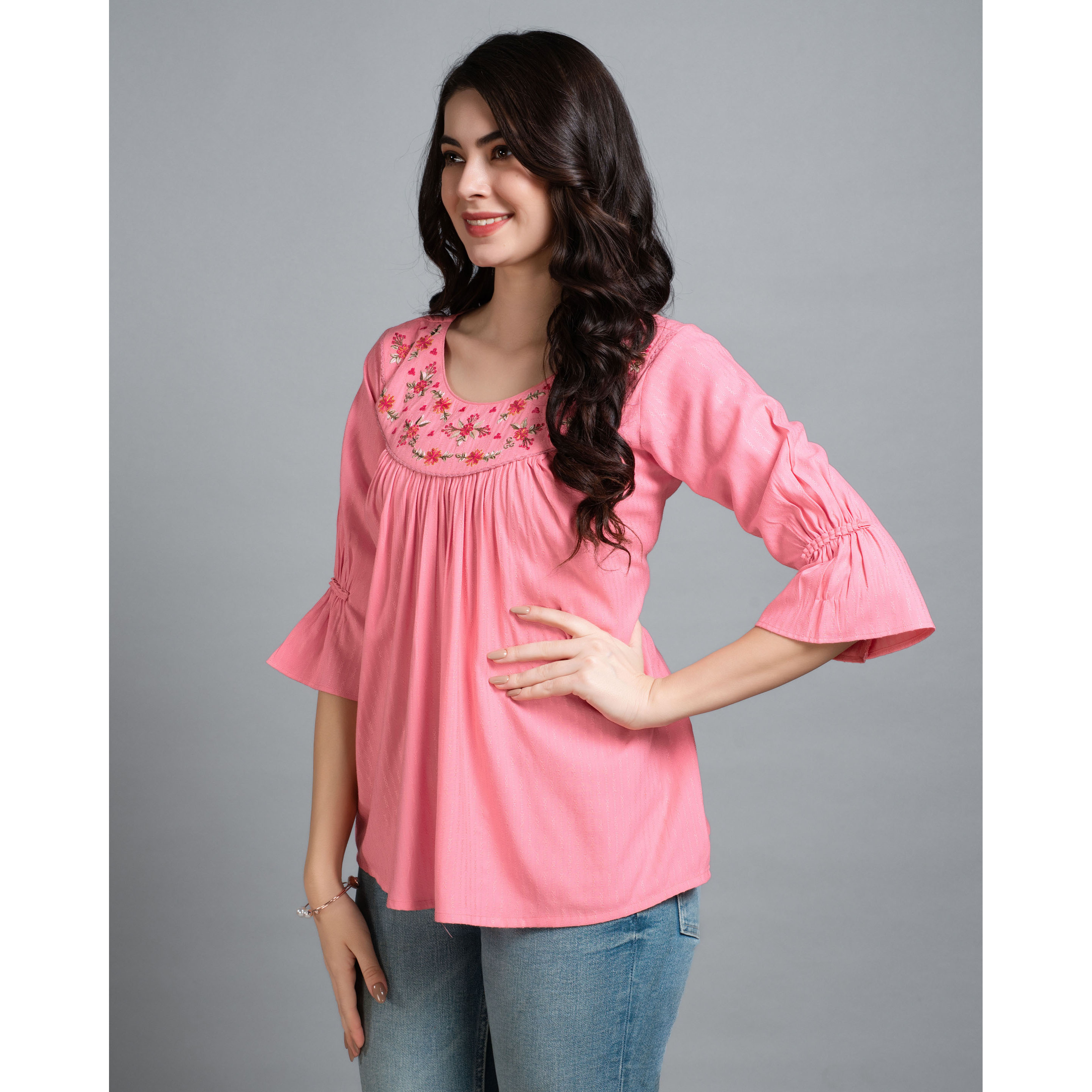 MOJILAA Women's Peach Pure Viscose Rayon Floral Embroidered A-line Top