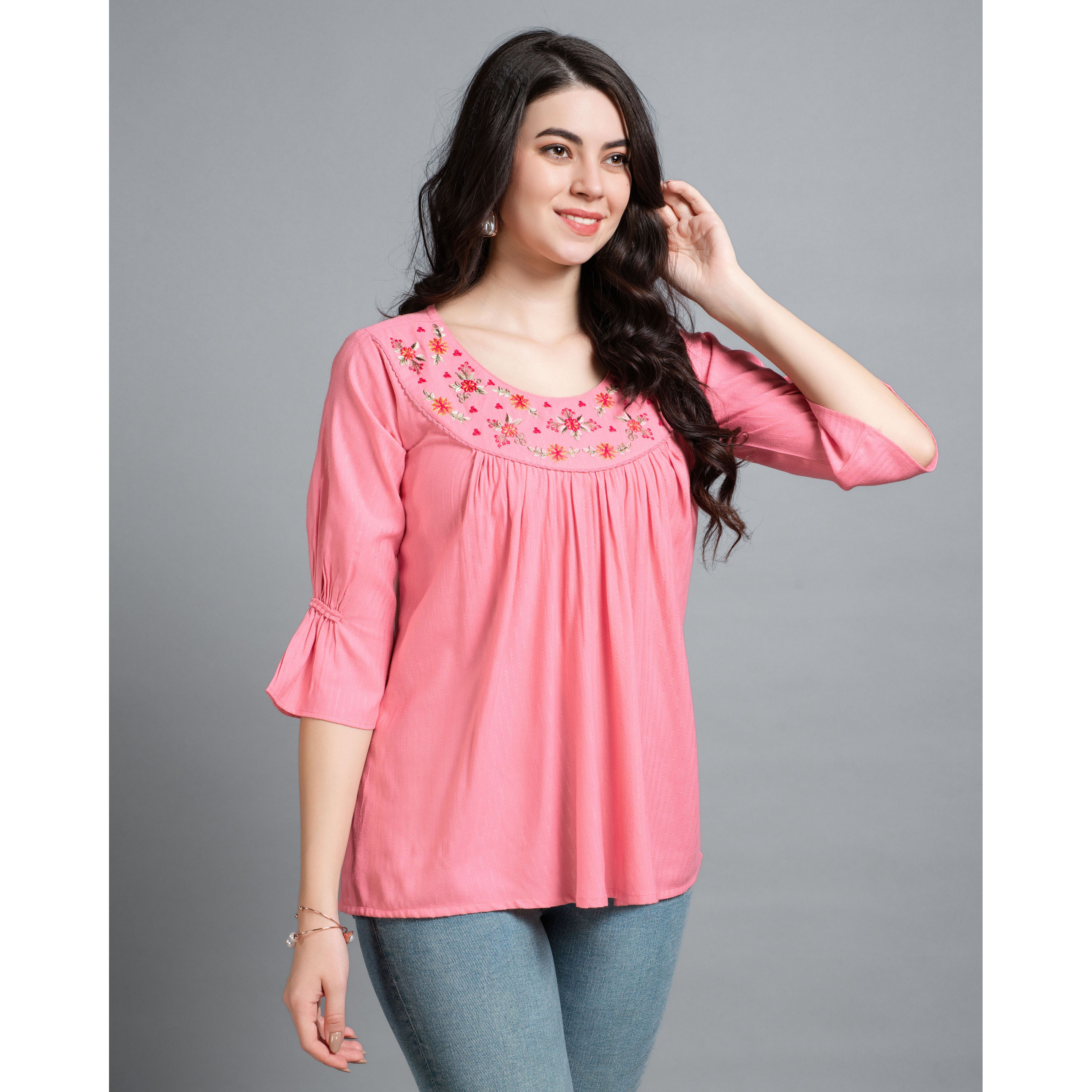 MOJILAA Women's Peach Pure Viscose Rayon Floral Embroidered A-line Top