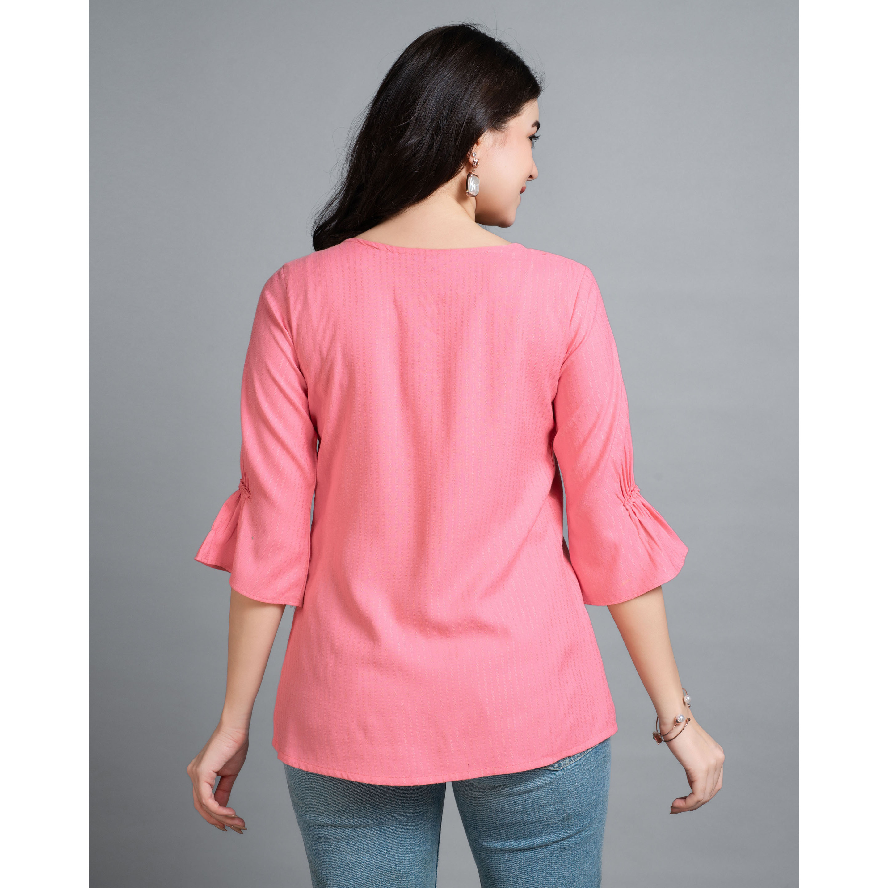 MOJILAA Women's Peach Pure Viscose Rayon Floral Embroidered A-line Top