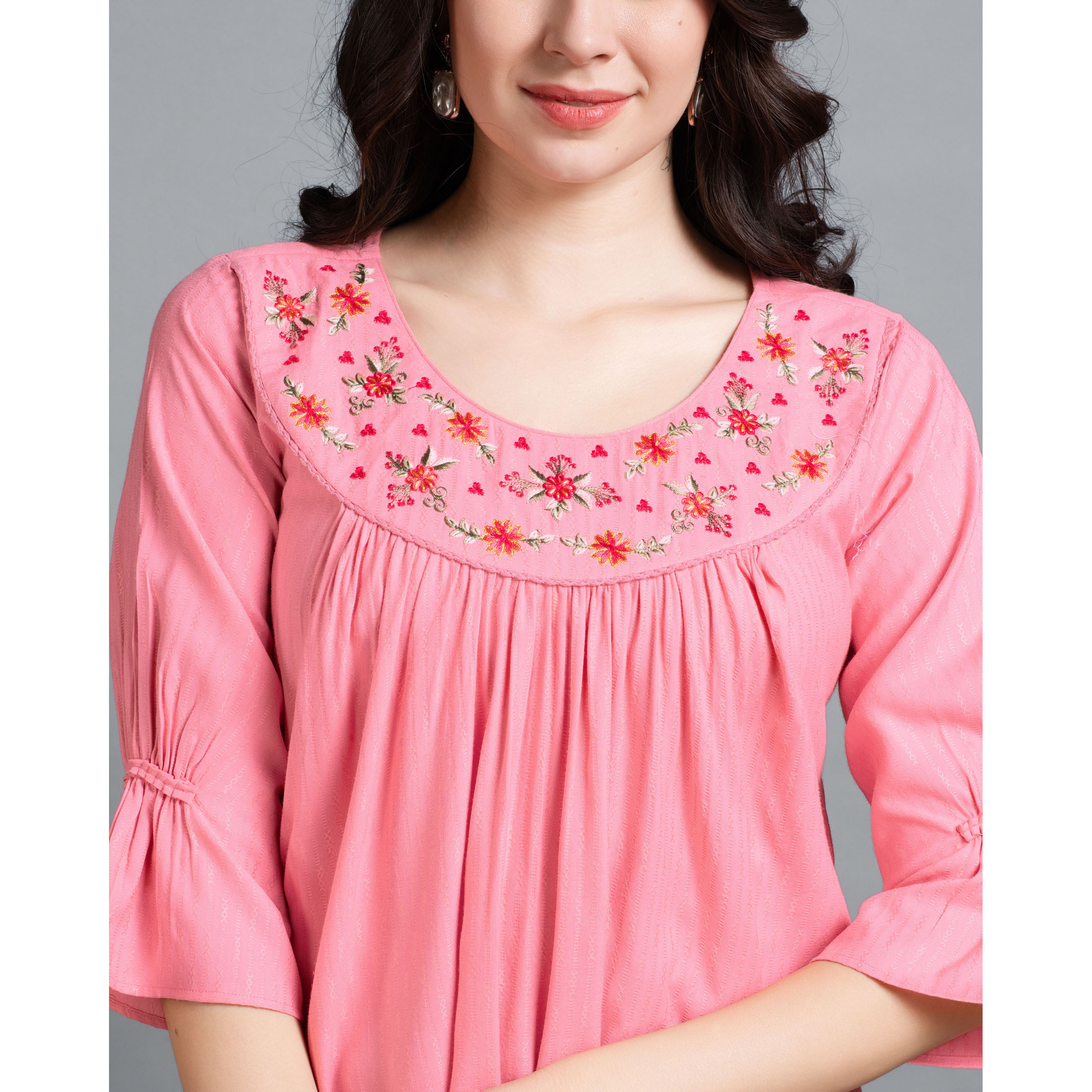 MOJILAA Women's Peach Pure Viscose Rayon Floral Embroidered A-line Top