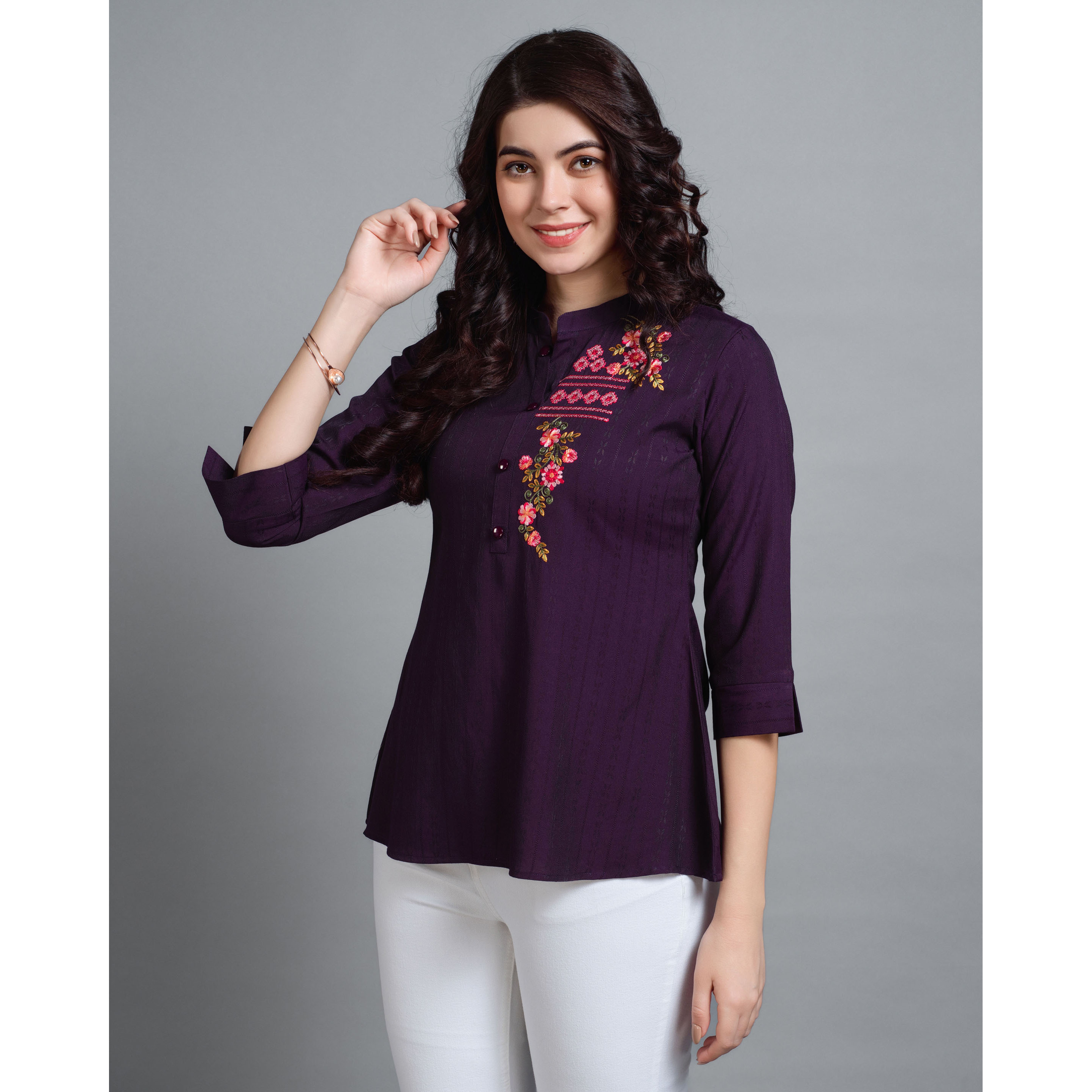MOJILAA Women's Wine Pure Viscose Rayon Floral Embroidered A-line Top
