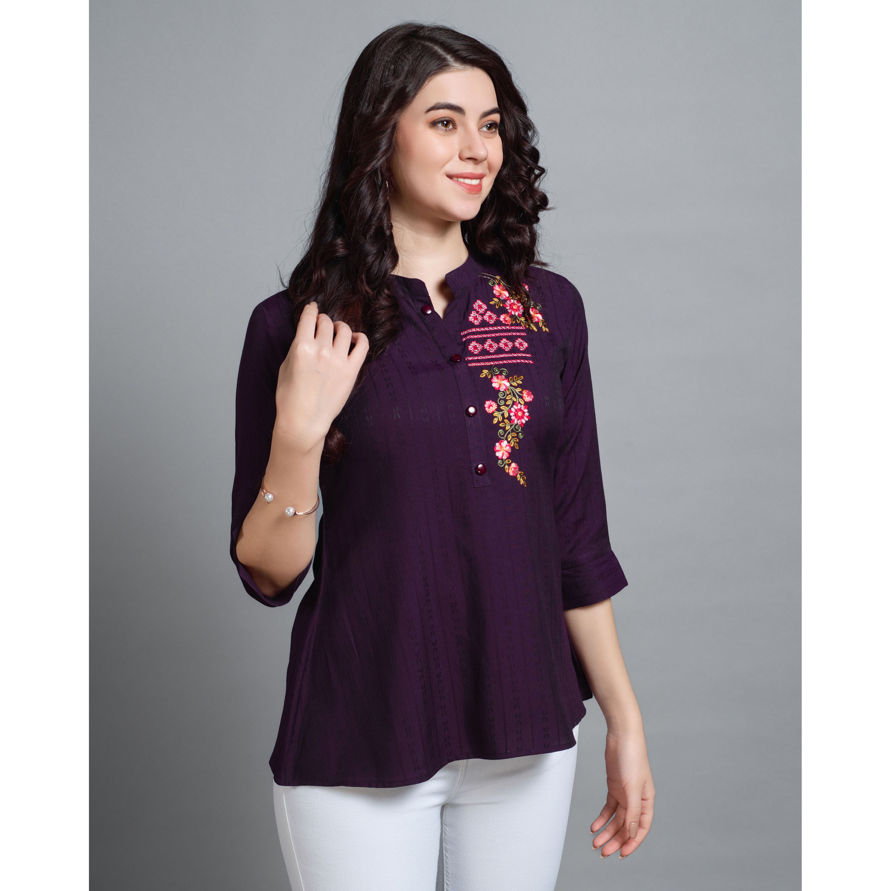 MOJILAA Women's Wine Pure Viscose Rayon Floral Embroidered A-line Top