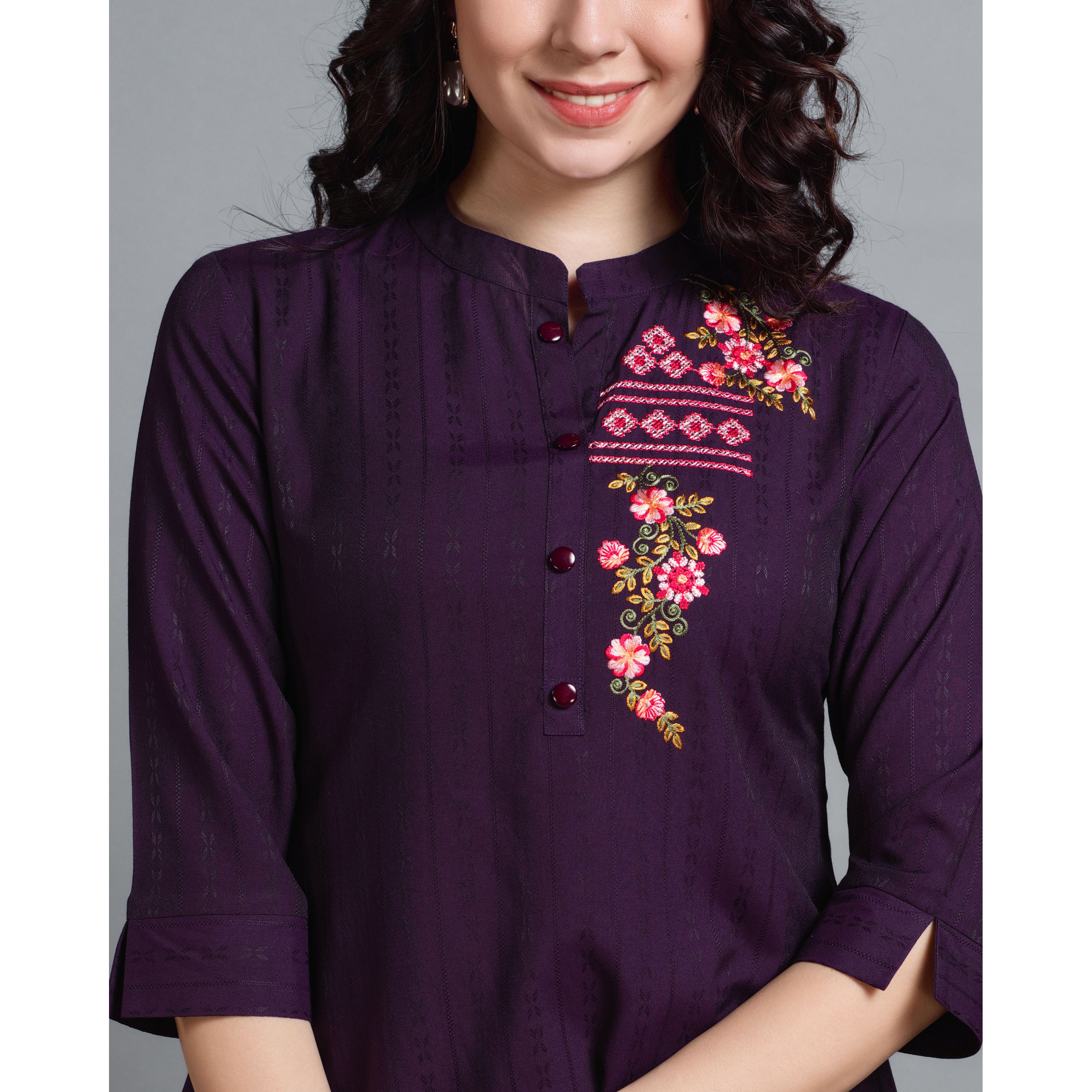 MOJILAA Women's Wine Pure Viscose Rayon Floral Embroidered A-line Top
