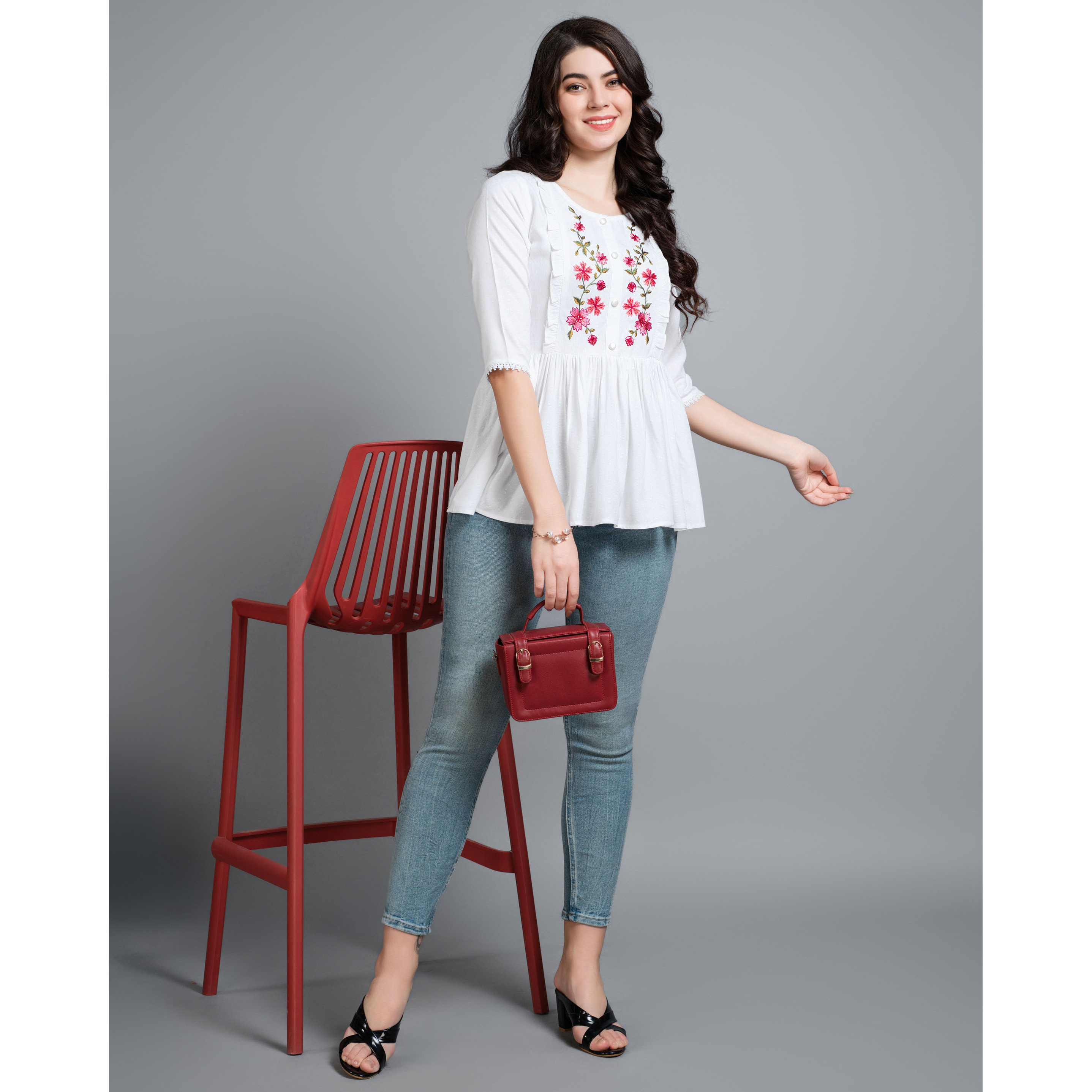 MOJILAA Women's White Pure Viscose Rayon Floral Embroidered Peplum Top