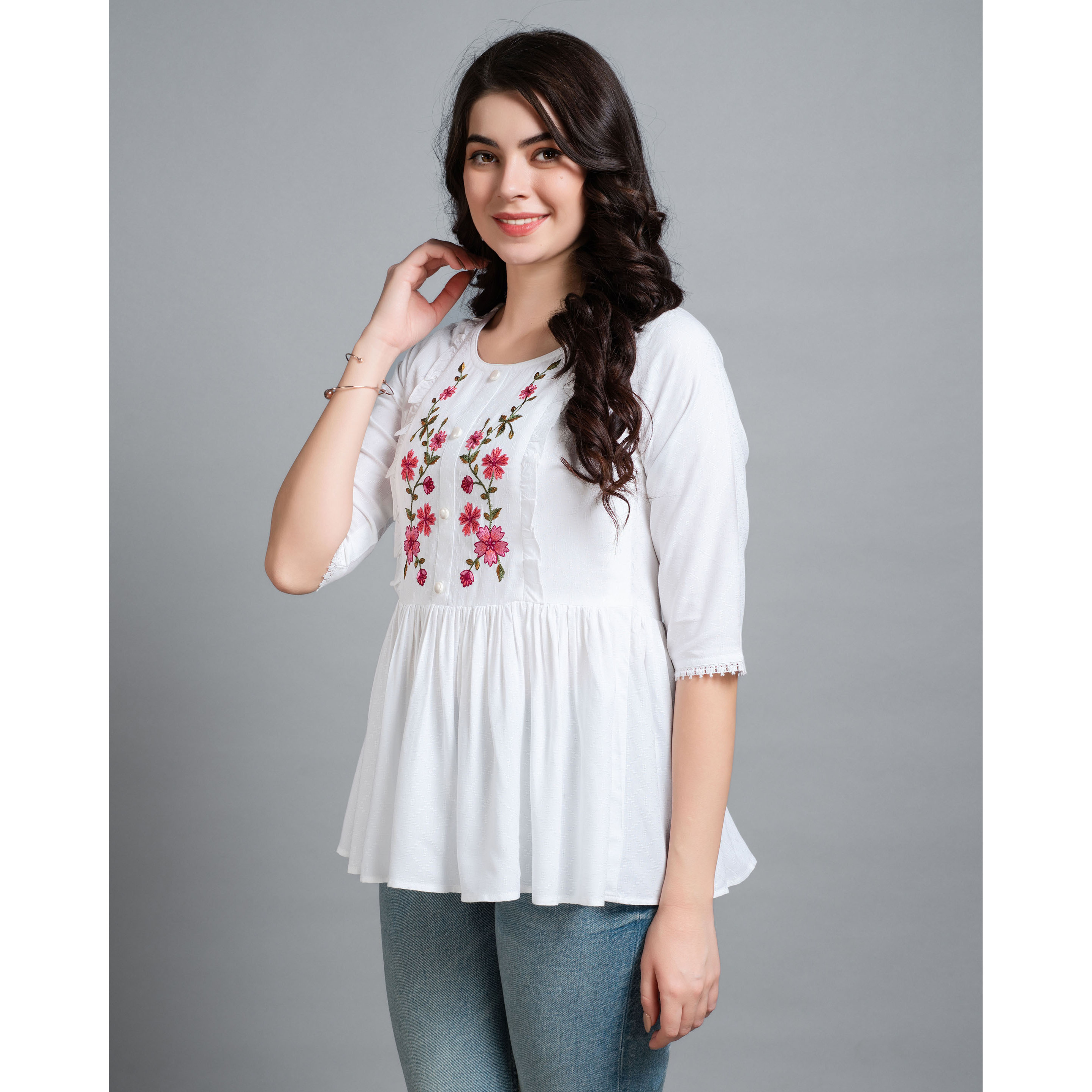 MOJILAA Women's White Pure Viscose Rayon Floral Embroidered Peplum Top