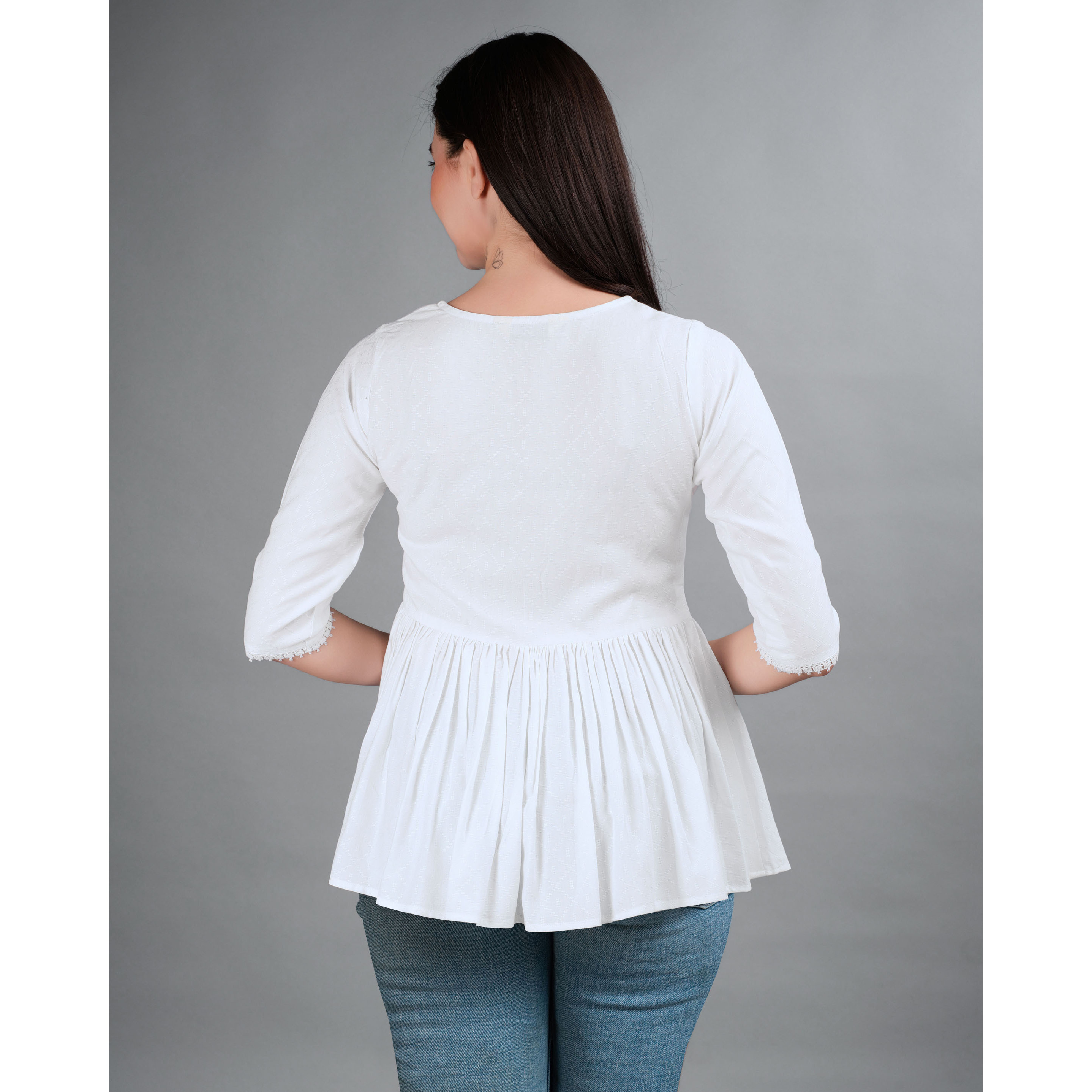 MOJILAA Women's White Pure Viscose Rayon Floral Embroidered Peplum Top