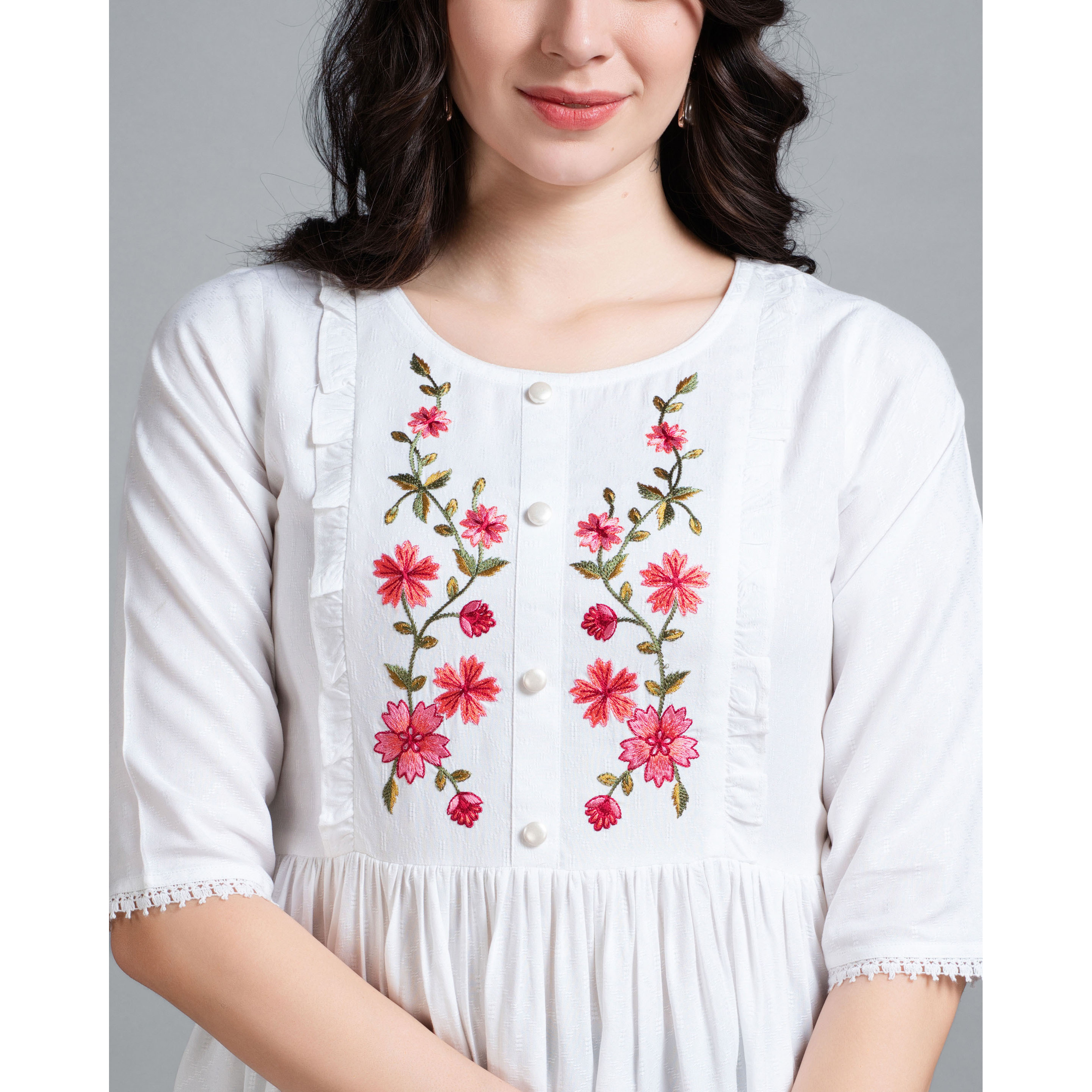 MOJILAA Women's White Pure Viscose Rayon Floral Embroidered Peplum Top