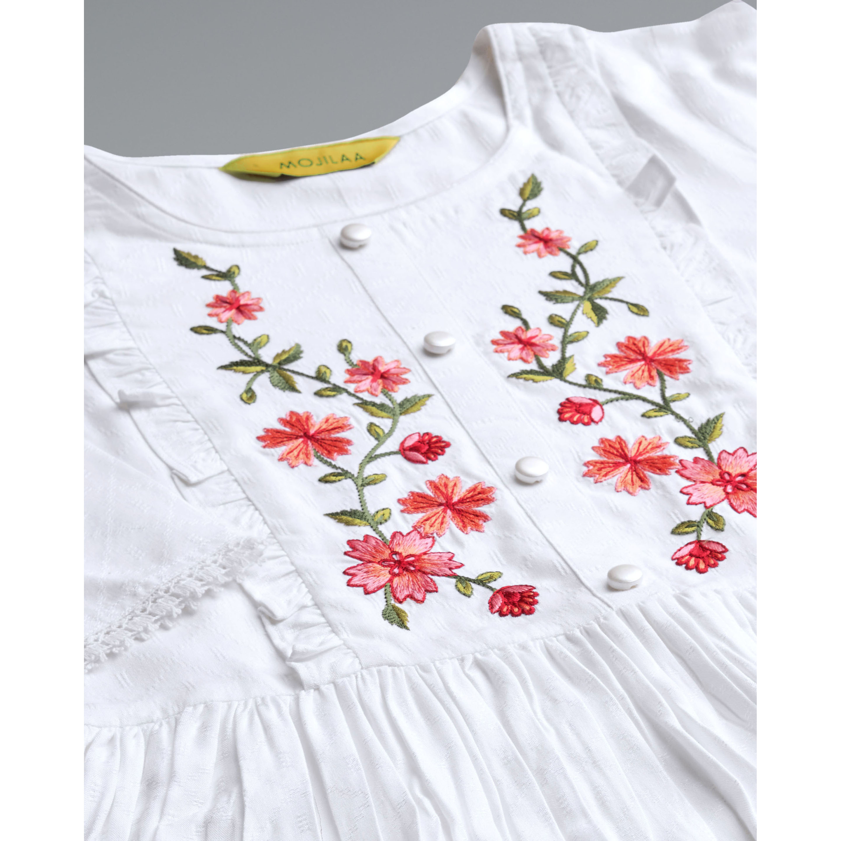 MOJILAA Women's White Pure Viscose Rayon Floral Embroidered Peplum Top