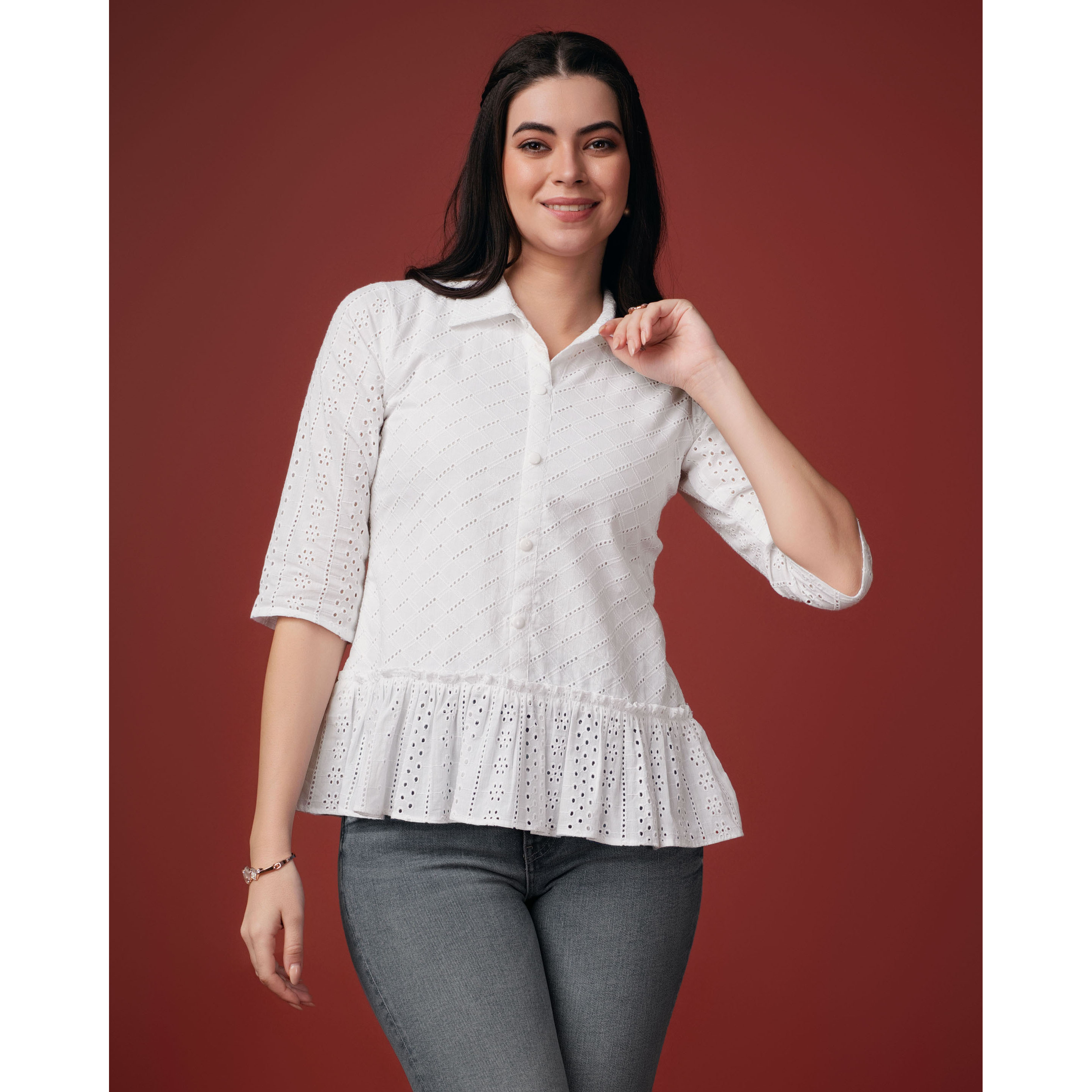 MOJILAA Women's White Pure Cotton Blend Bored Schiffli Embroidered Shirt Style Top