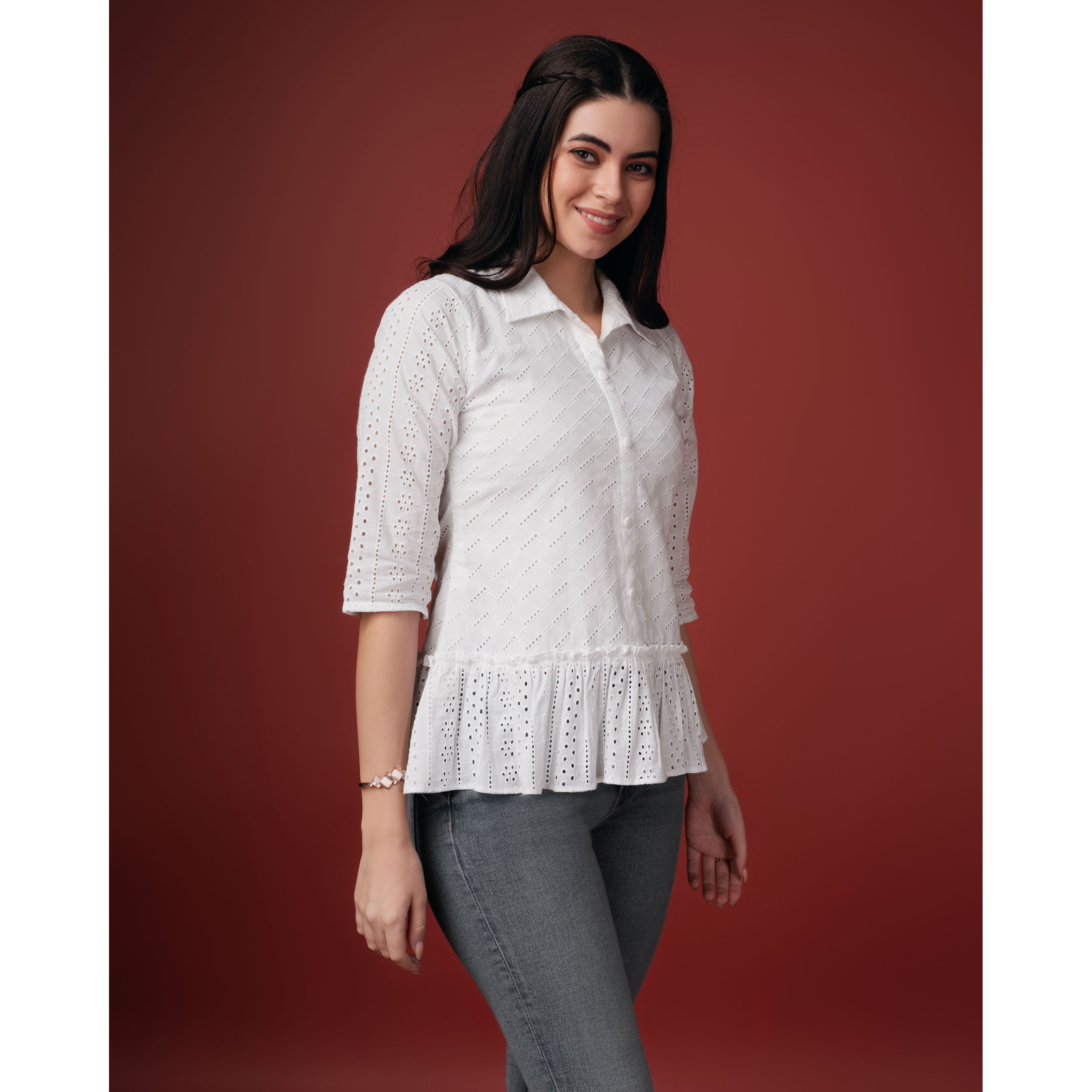 MOJILAA Women's White Pure Cotton Blend Bored Schiffli Embroidered Shirt Style Top