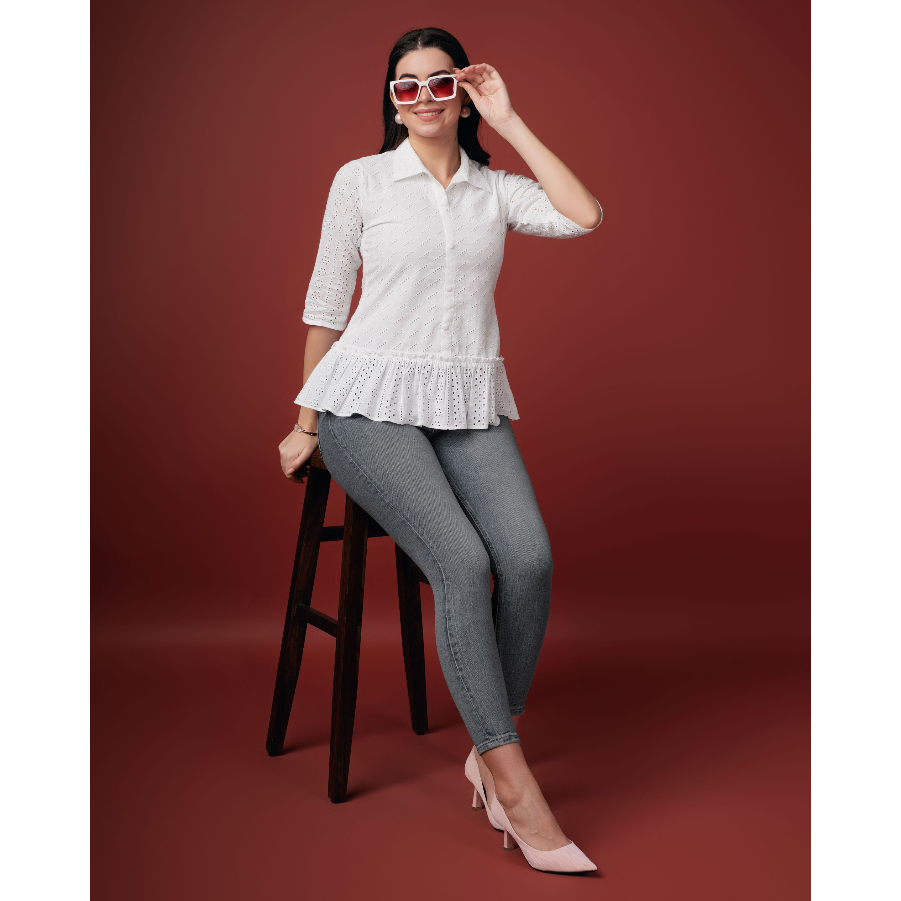 MOJILAA Women's White Pure Cotton Blend Bored Schiffli Embroidered Shirt Style Top