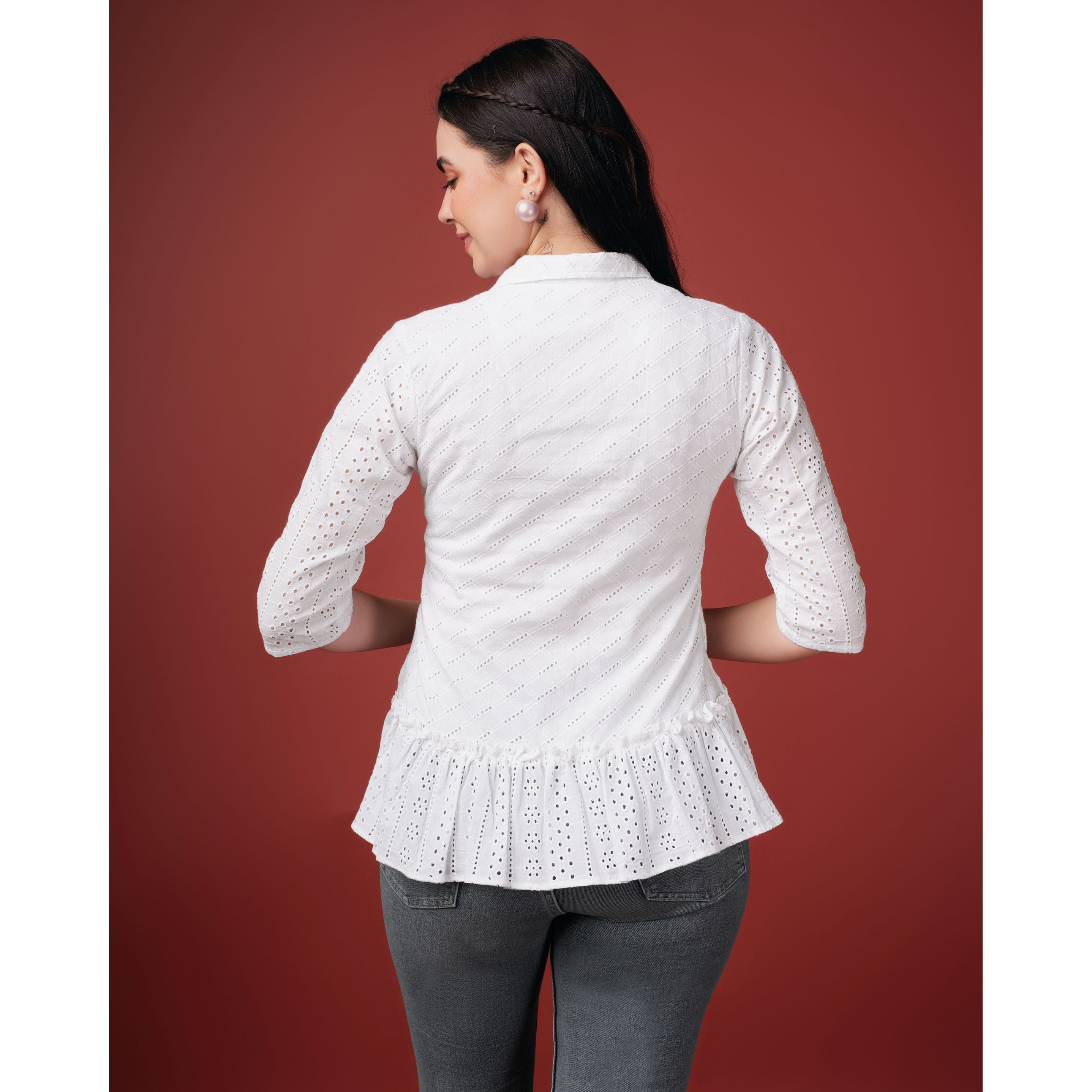 MOJILAA Women's White Pure Cotton Blend Bored Schiffli Embroidered Shirt Style Top