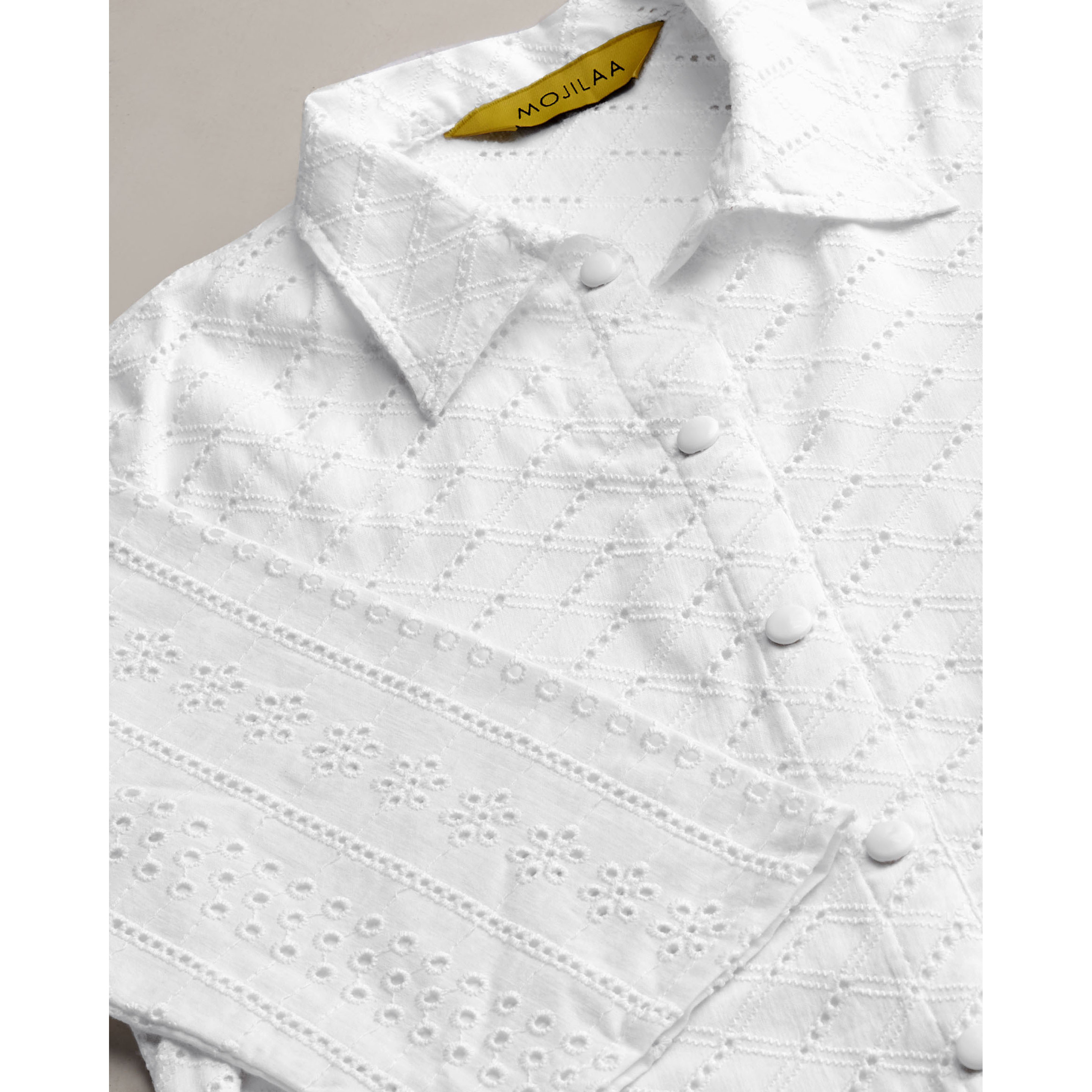 MOJILAA Women's White Pure Cotton Blend Bored Schiffli Embroidered Shirt Style Top