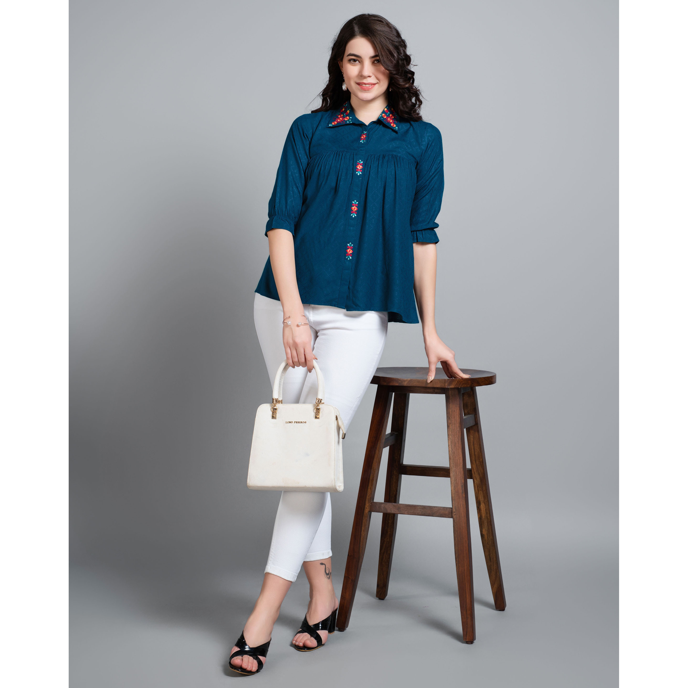 MOJILAA Women's Teal Pure Viscose Rayon Floral Embroidered Shirt Style Top