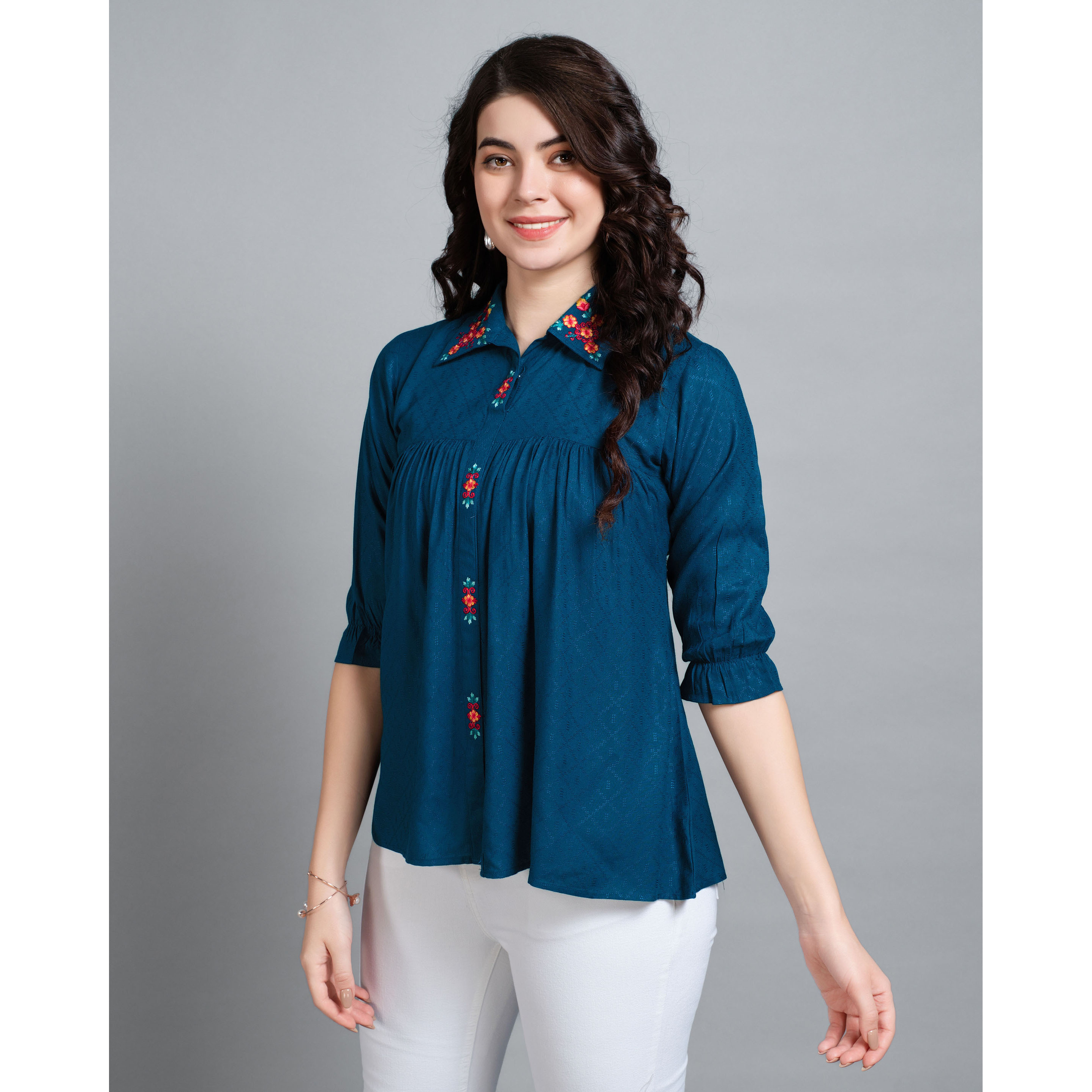 MOJILAA Women's Teal Pure Viscose Rayon Floral Embroidered Shirt Style Top