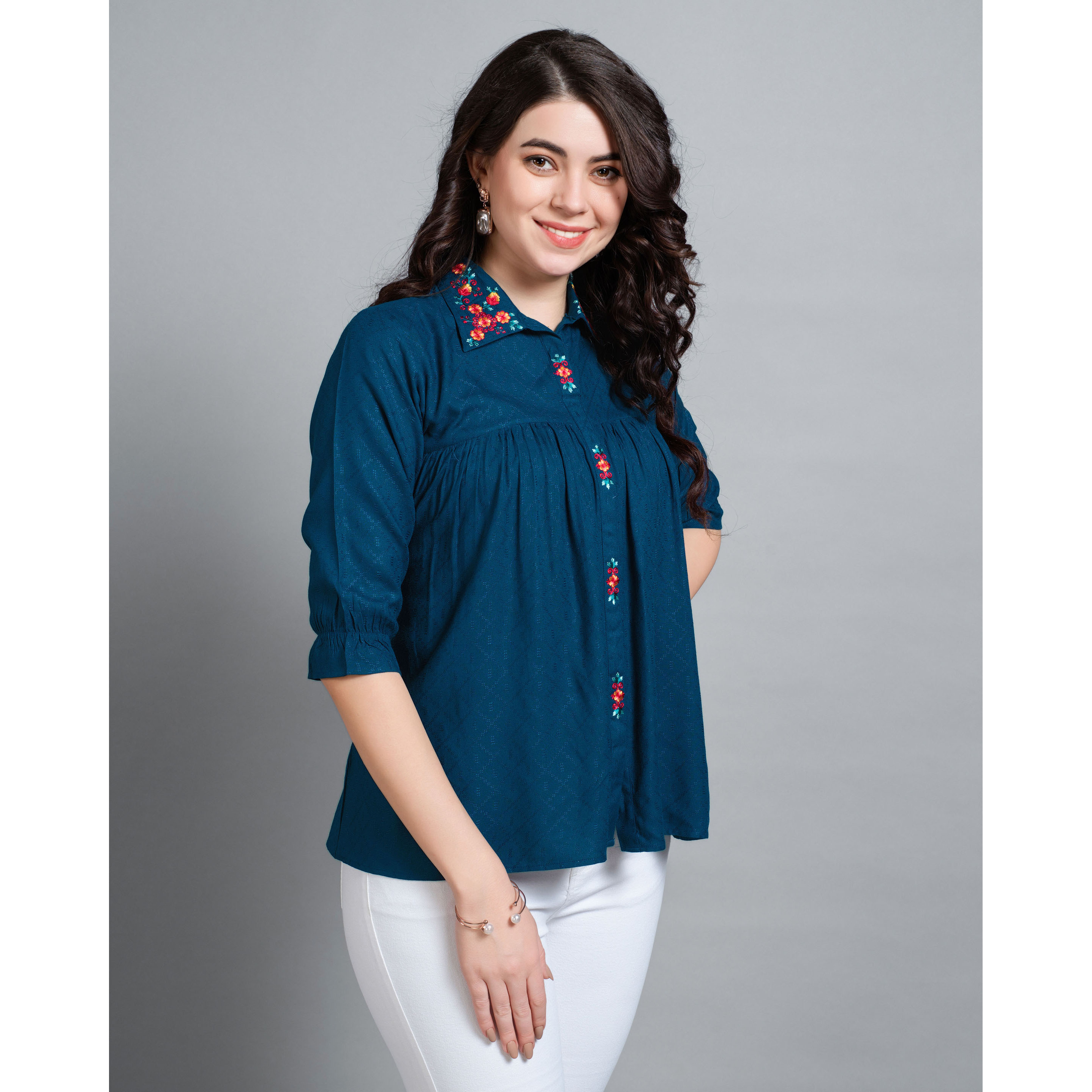 MOJILAA Women's Teal Pure Viscose Rayon Floral Embroidered Shirt Style Top