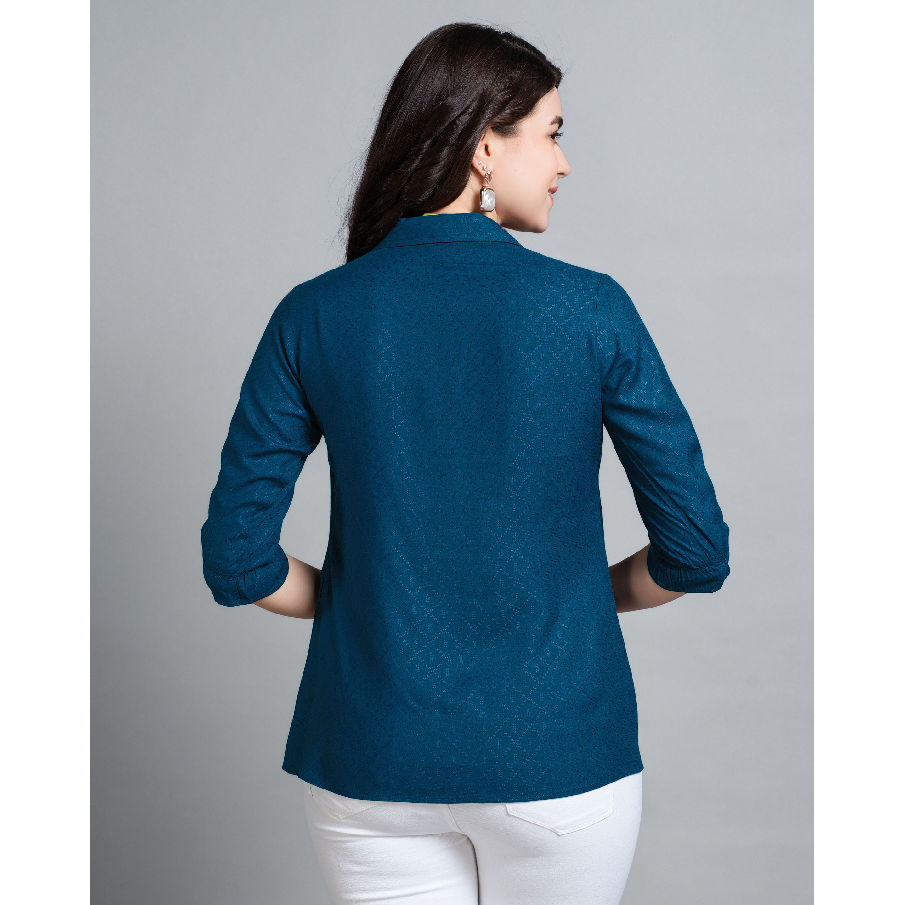 MOJILAA Women's Teal Pure Viscose Rayon Floral Embroidered Shirt Style Top