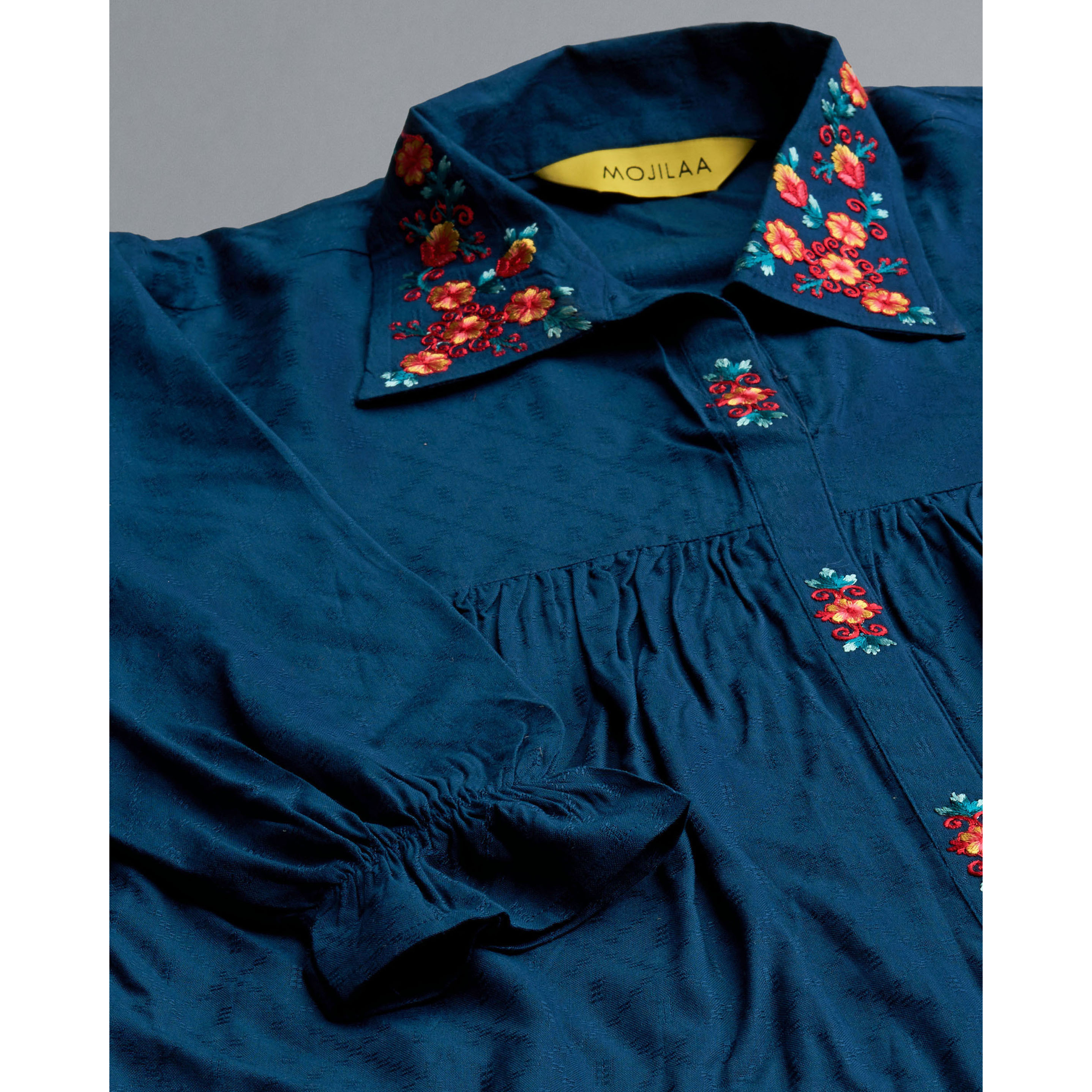 MOJILAA Women's Teal Pure Viscose Rayon Floral Embroidered Shirt Style Top