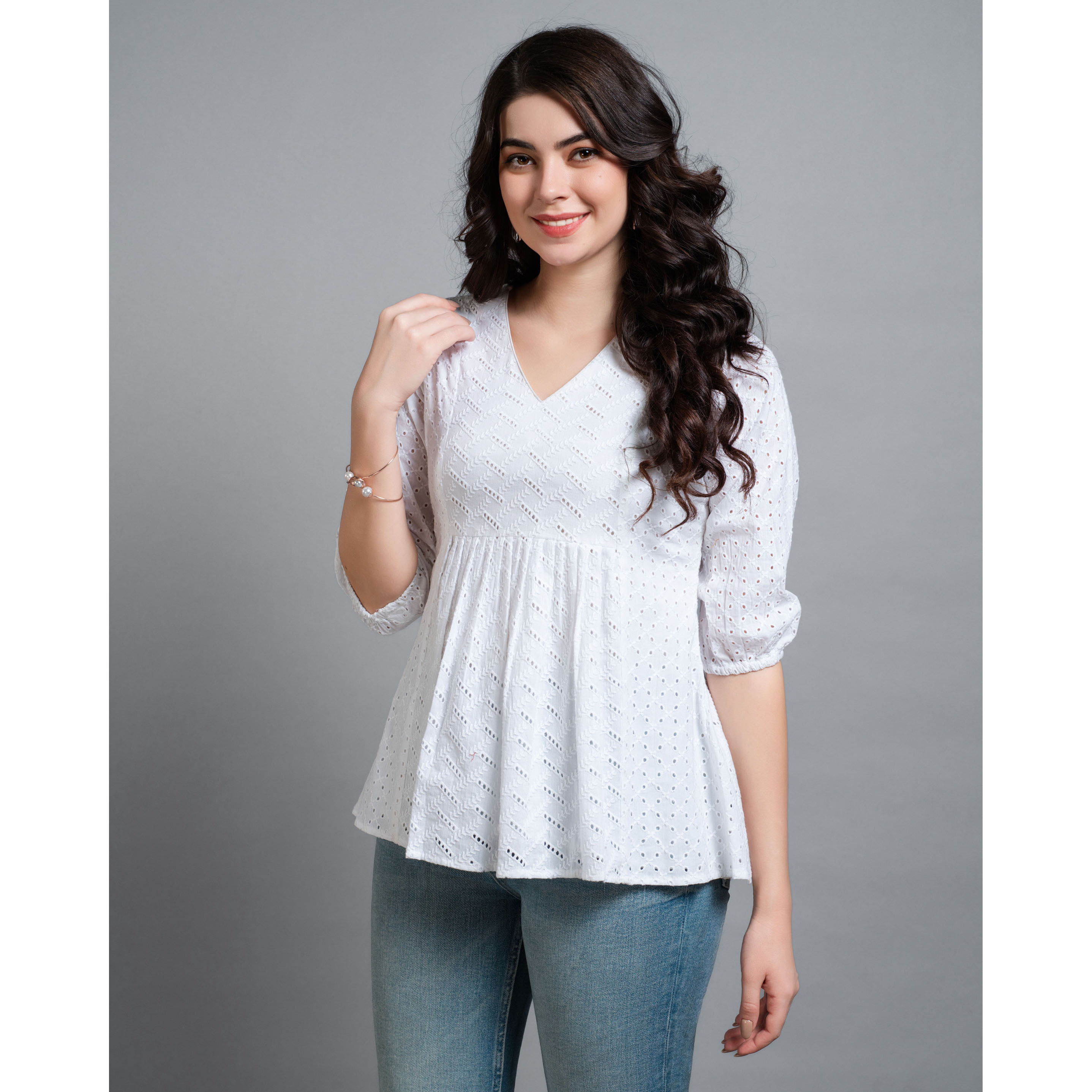 MOJILAA Women's White Pure Cotton Blend Bored Schiffli Embroidered A-line Top