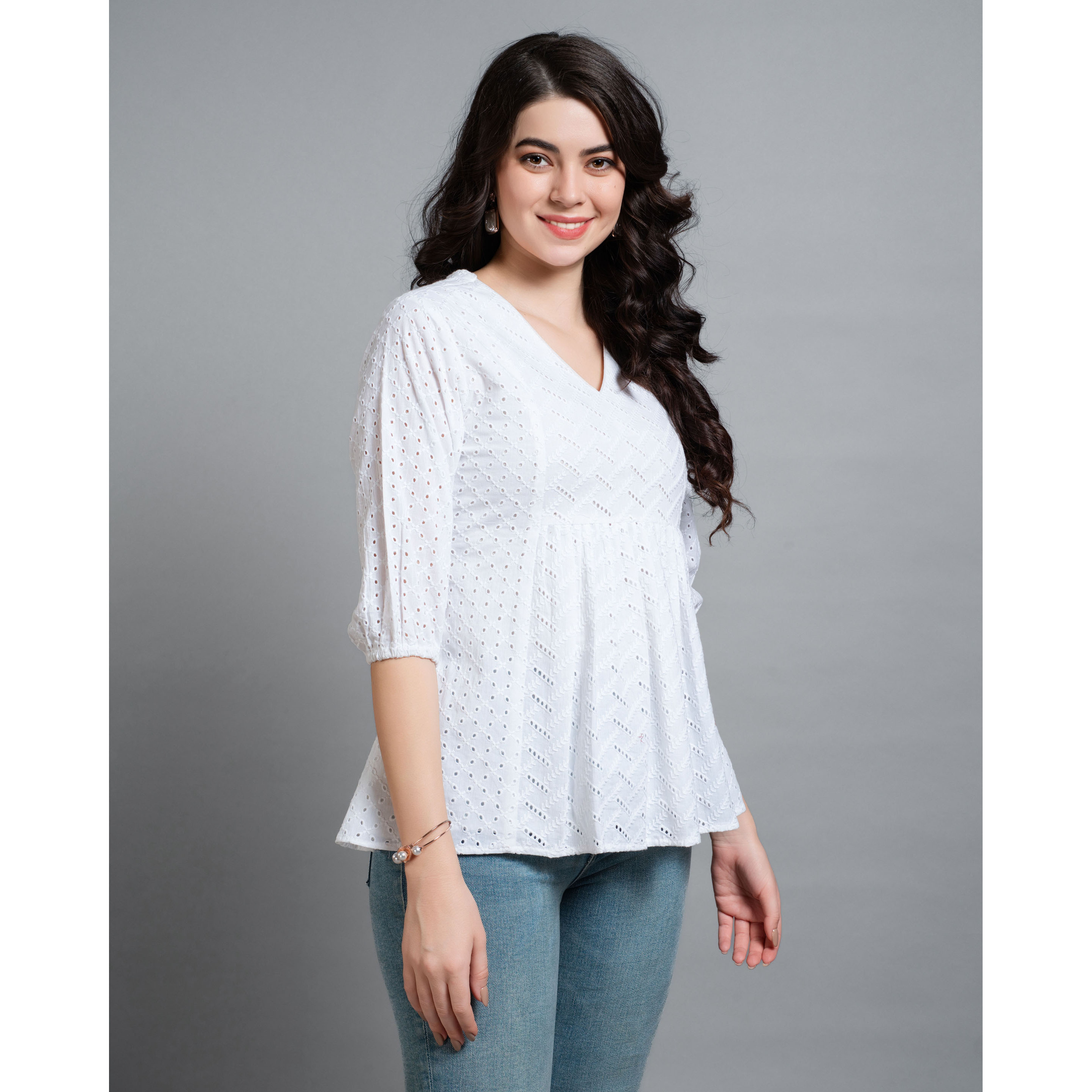 MOJILAA Women's White Pure Cotton Blend Bored Schiffli Embroidered A-line Top