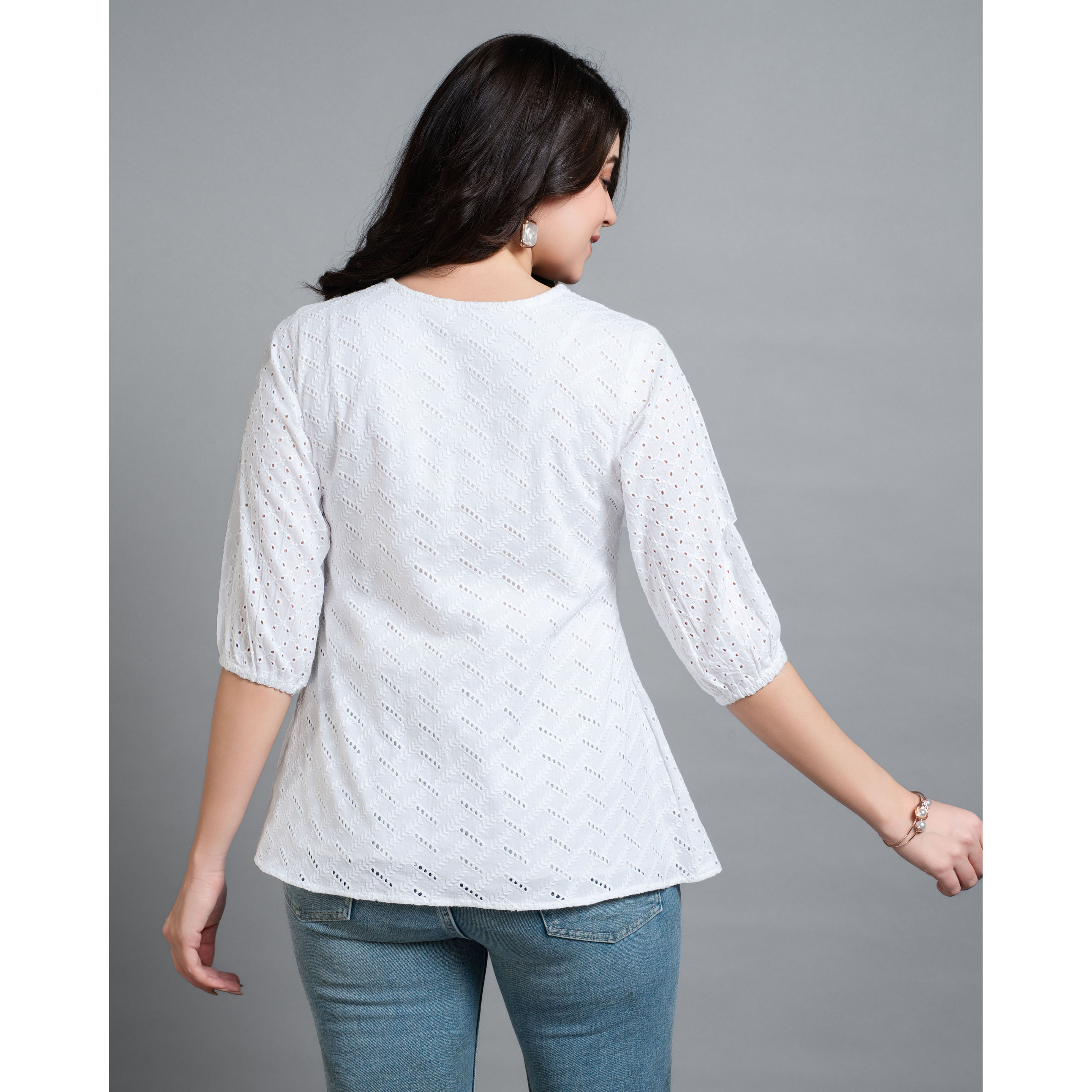 MOJILAA Women's White Pure Cotton Blend Bored Schiffli Embroidered A-line Top