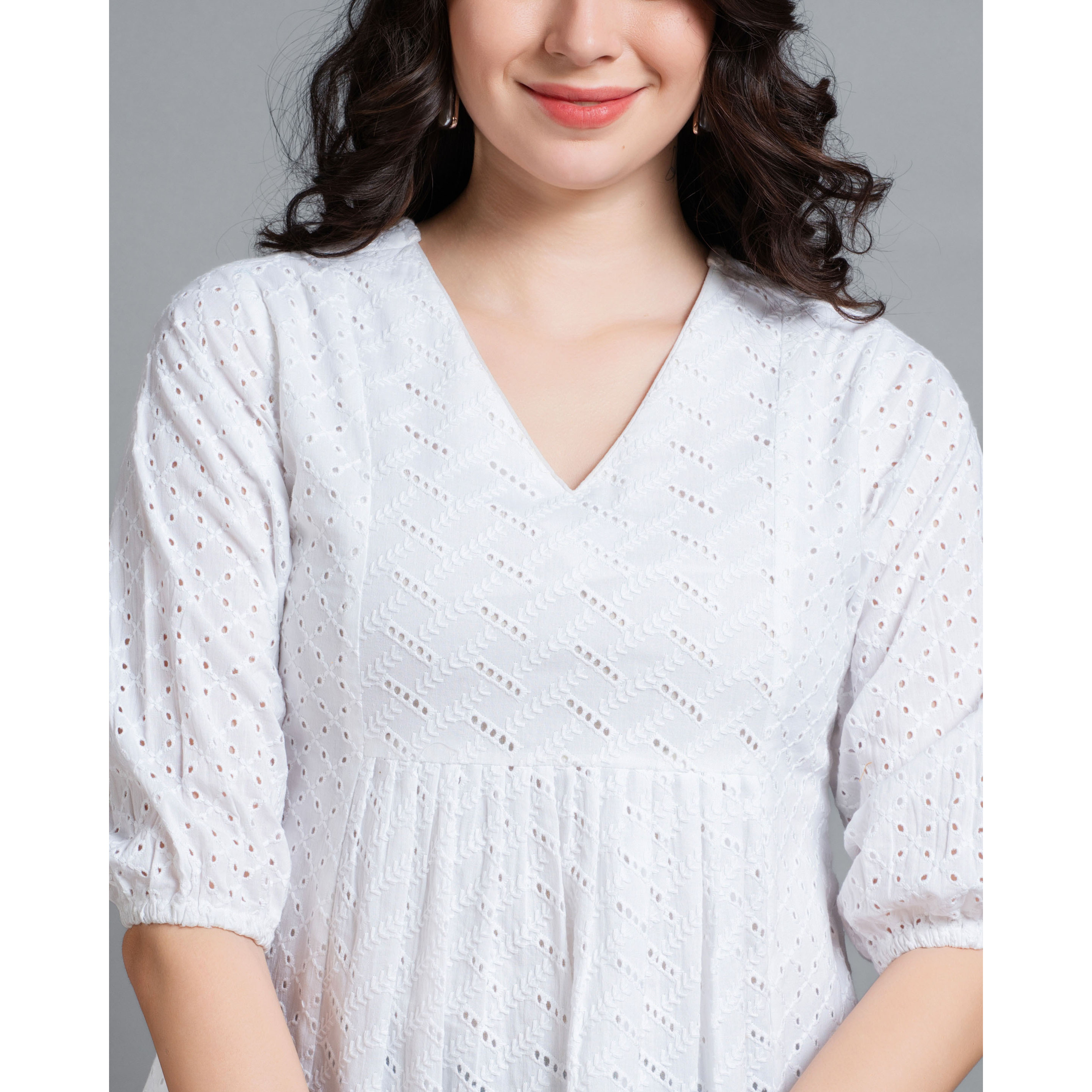 MOJILAA Women's White Pure Cotton Blend Bored Schiffli Embroidered A-line Top