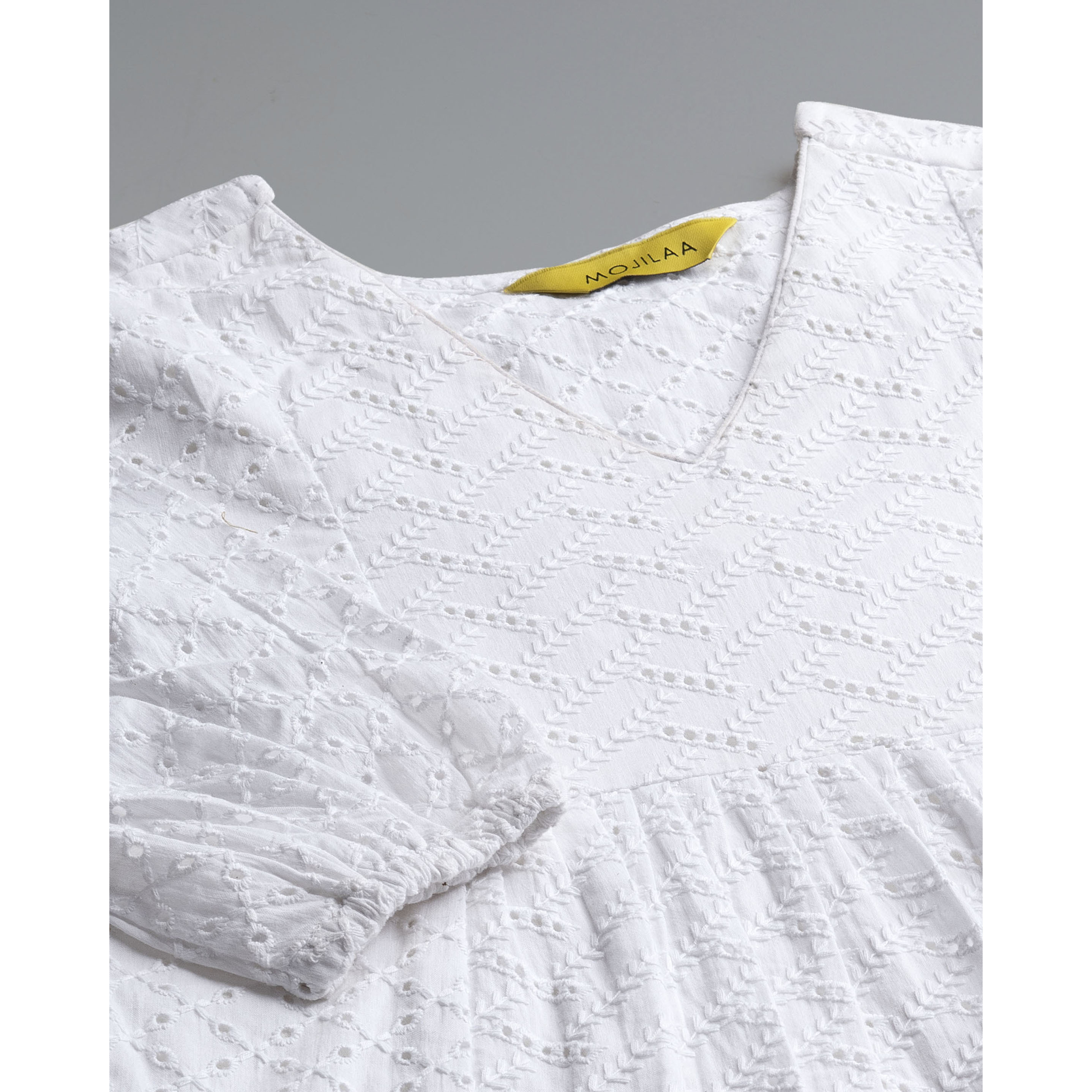 MOJILAA Women's White Pure Cotton Blend Bored Schiffli Embroidered A-line Top