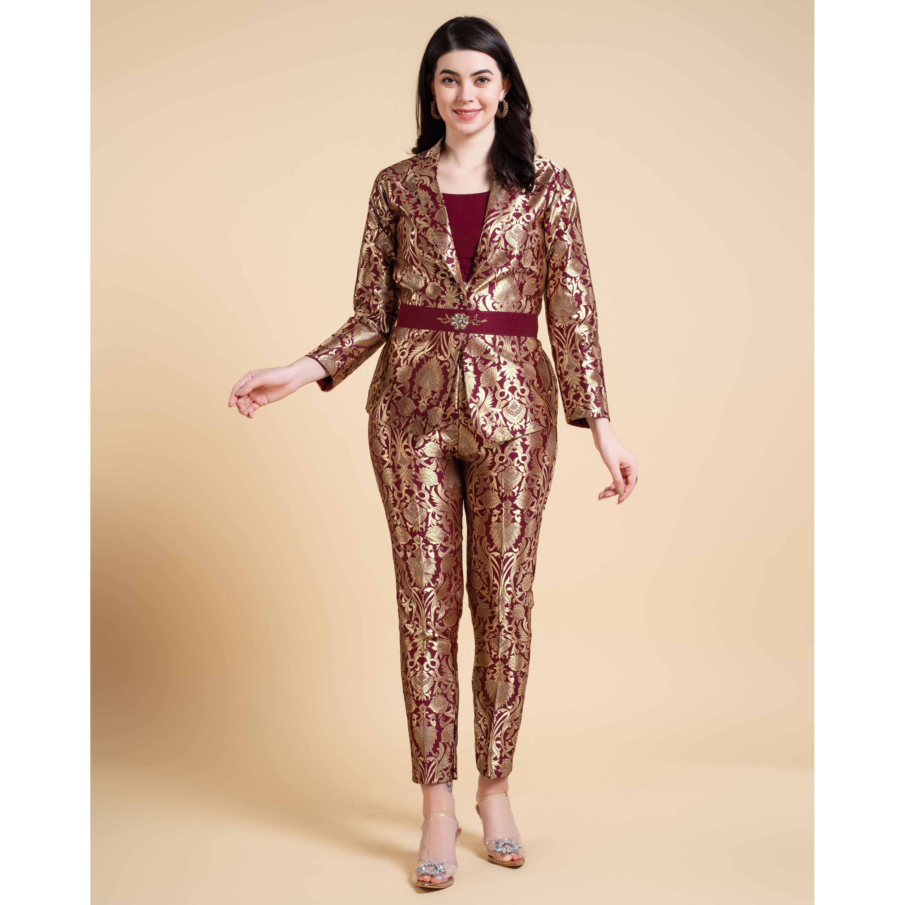MOJILAA Women's Maroon Jacquard Ethnic Motifs Brocade Woven Design Festive & Party Co-ord Set