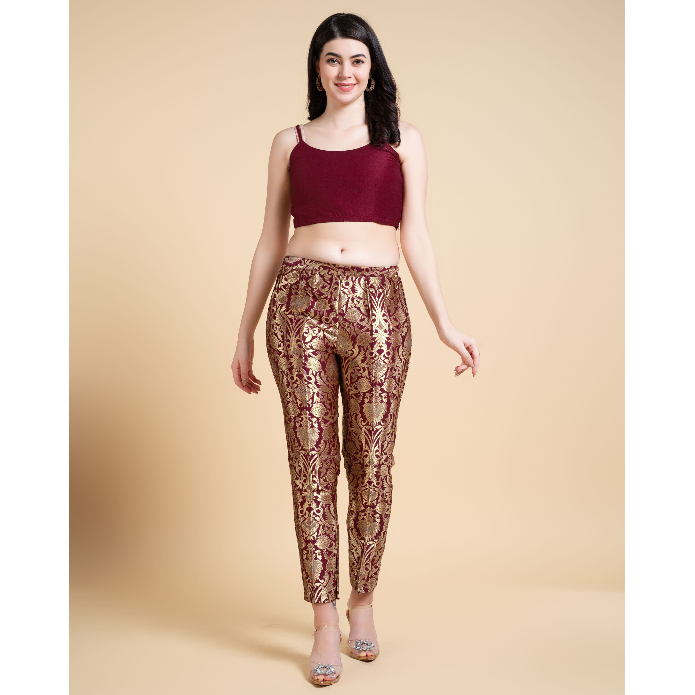 MOJILAA Women's Maroon Jacquard Ethnic Motifs Brocade Woven Design Festive & Party Co-ord Set