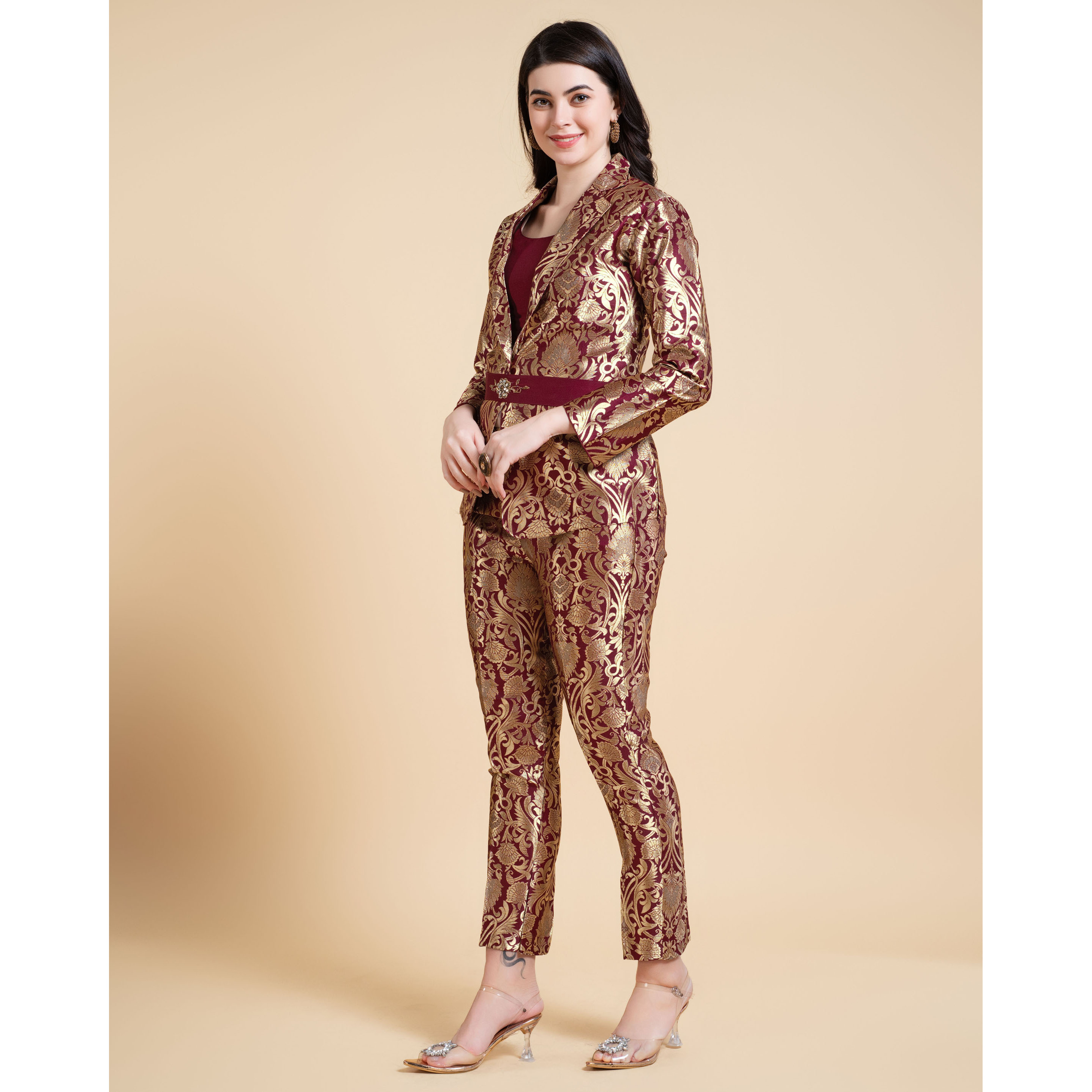 MOJILAA Women's Maroon Jacquard Ethnic Motifs Brocade Woven Design Festive & Party Co-ord Set