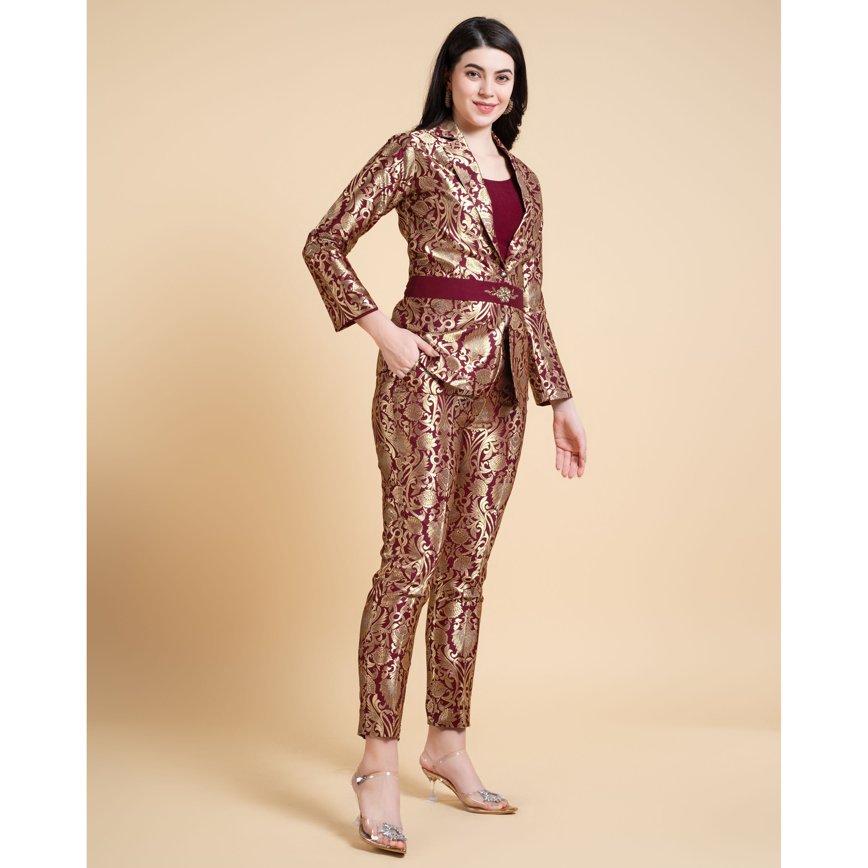 MOJILAA Women's Maroon Jacquard Ethnic Motifs Brocade Woven Design Festive & Party Co-ord Set