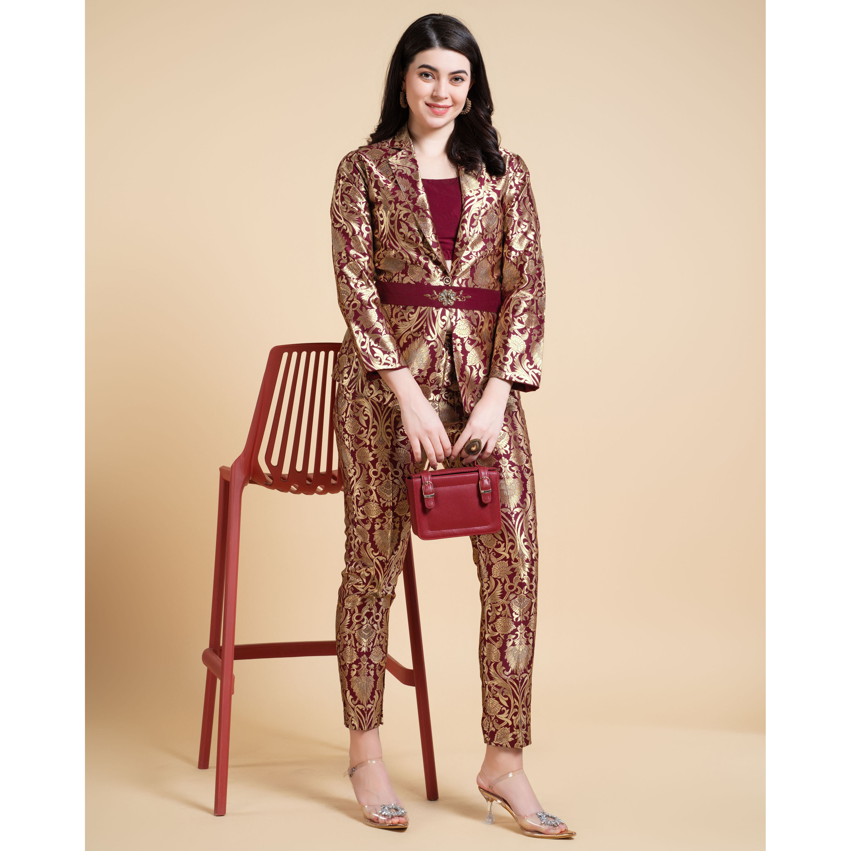 MOJILAA Women's Maroon Jacquard Ethnic Motifs Brocade Woven Design Festive & Party Co-ord Set
