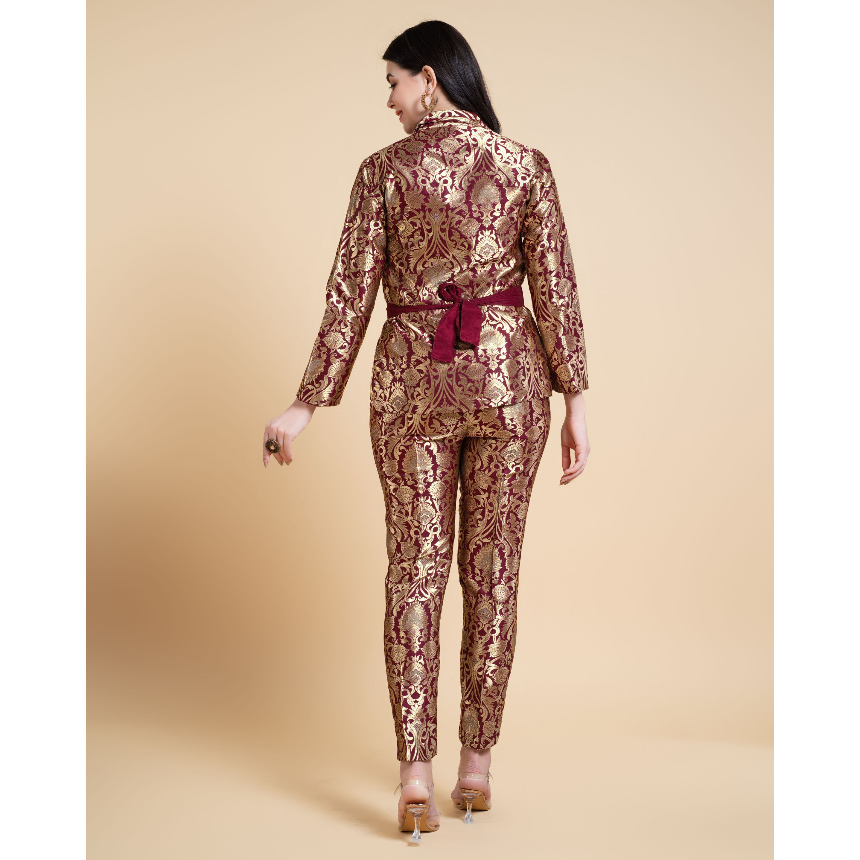 MOJILAA Women's Maroon Jacquard Ethnic Motifs Brocade Woven Design Festive & Party Co-ord Set