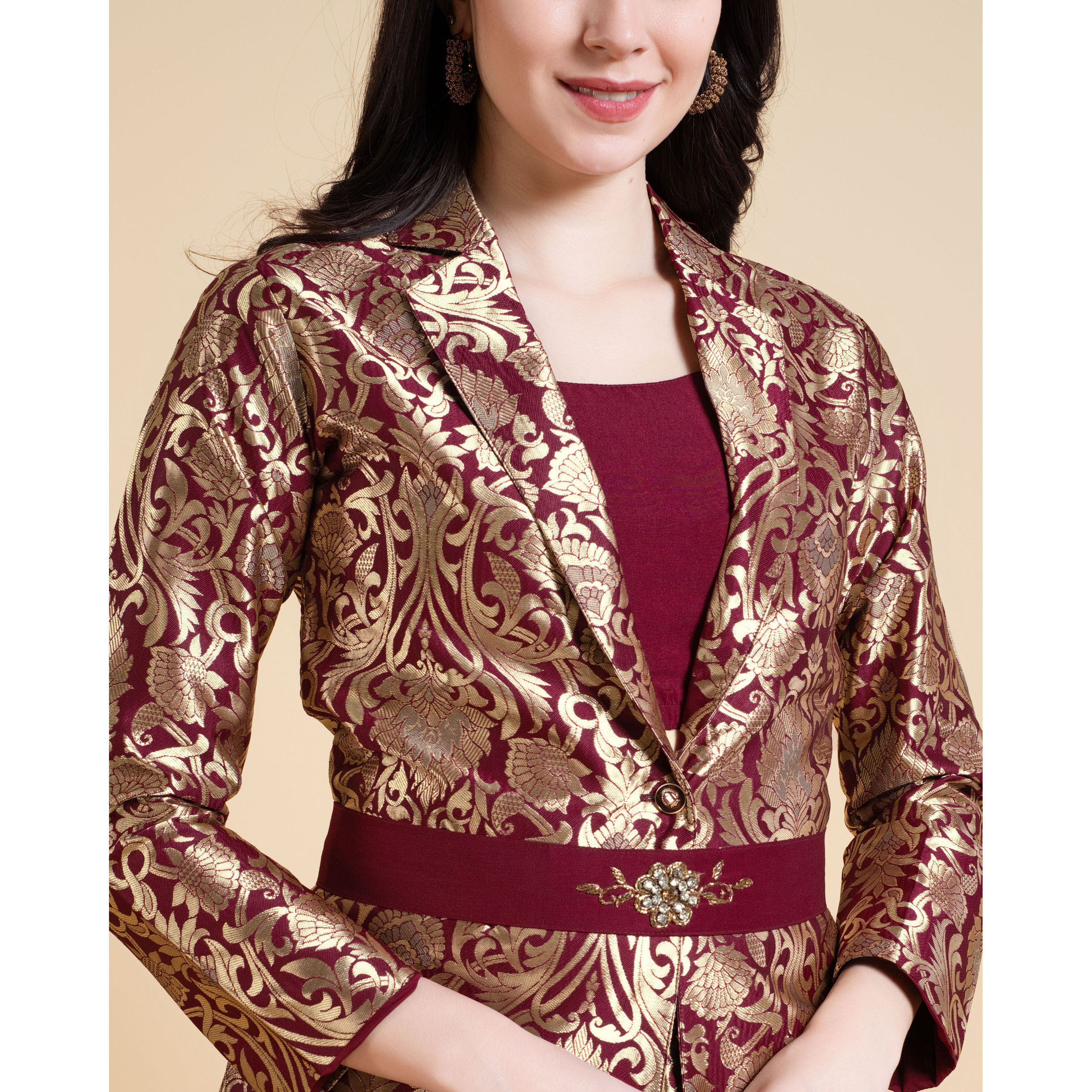 MOJILAA Women's Maroon Jacquard Ethnic Motifs Brocade Woven Design Festive & Party Co-ord Set