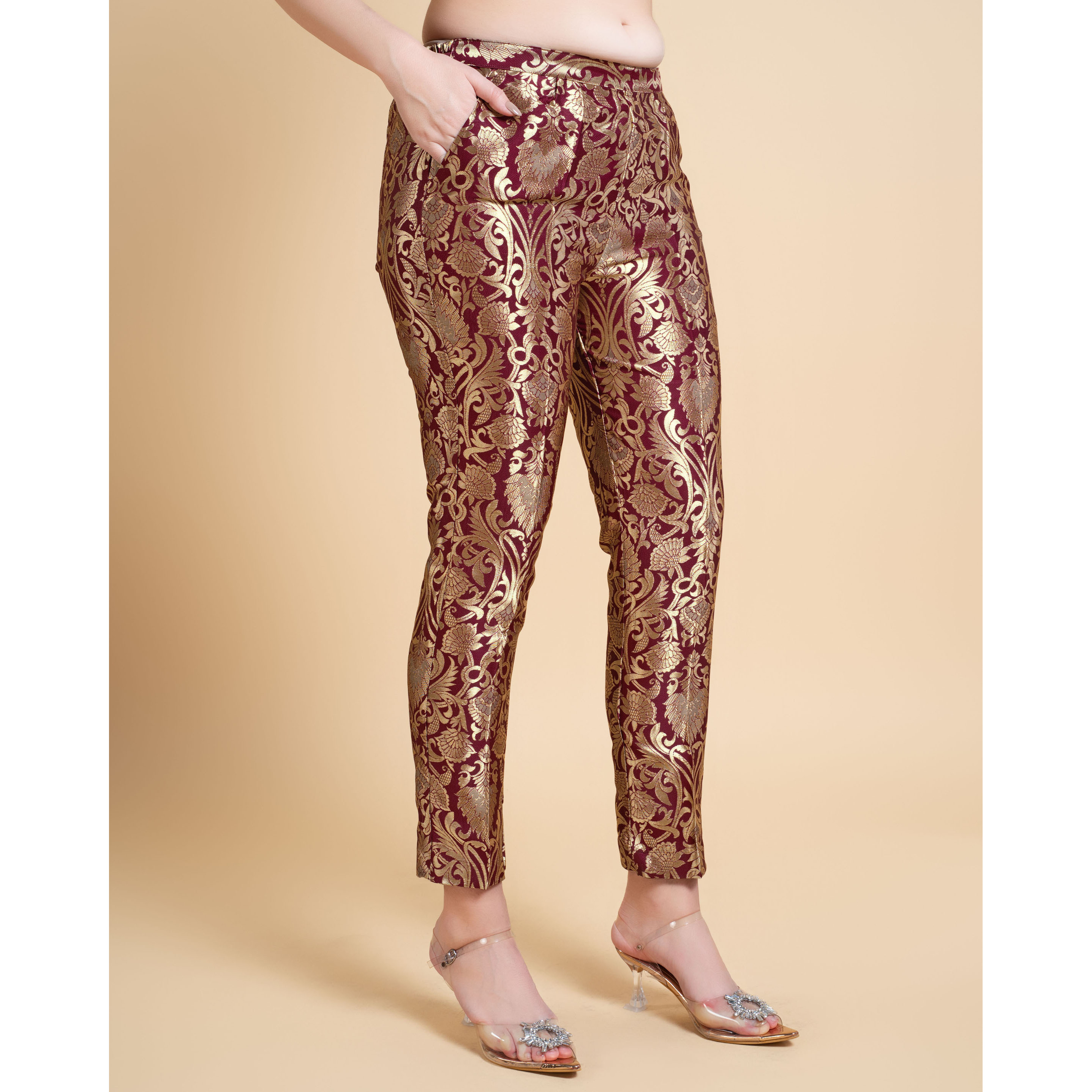 MOJILAA Women's Maroon Jacquard Ethnic Motifs Brocade Woven Design Festive & Party Co-ord Set