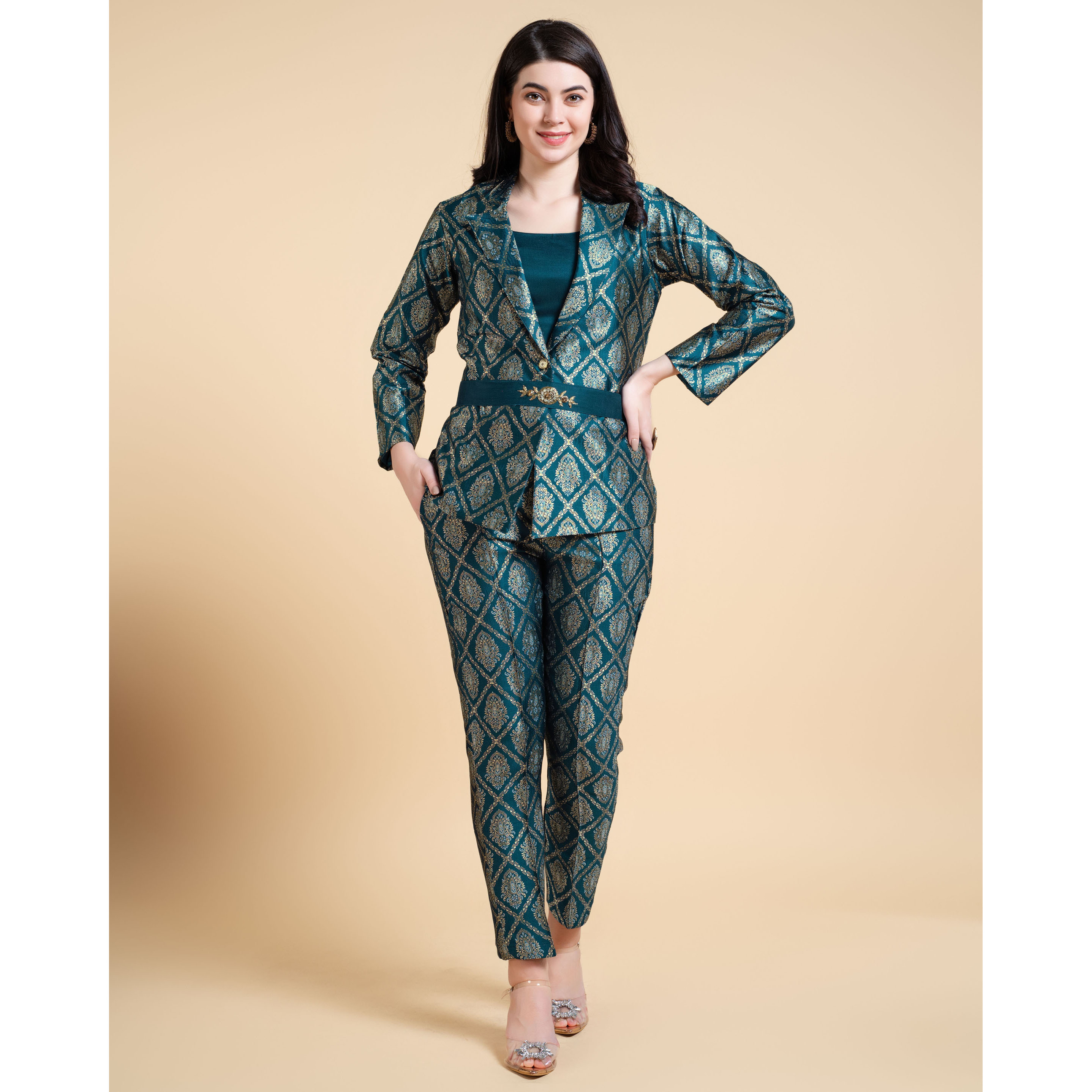 MOJILAA Women's Teal Jacquard Paisley Brocade Woven Design Festive & Party Co-ord Set