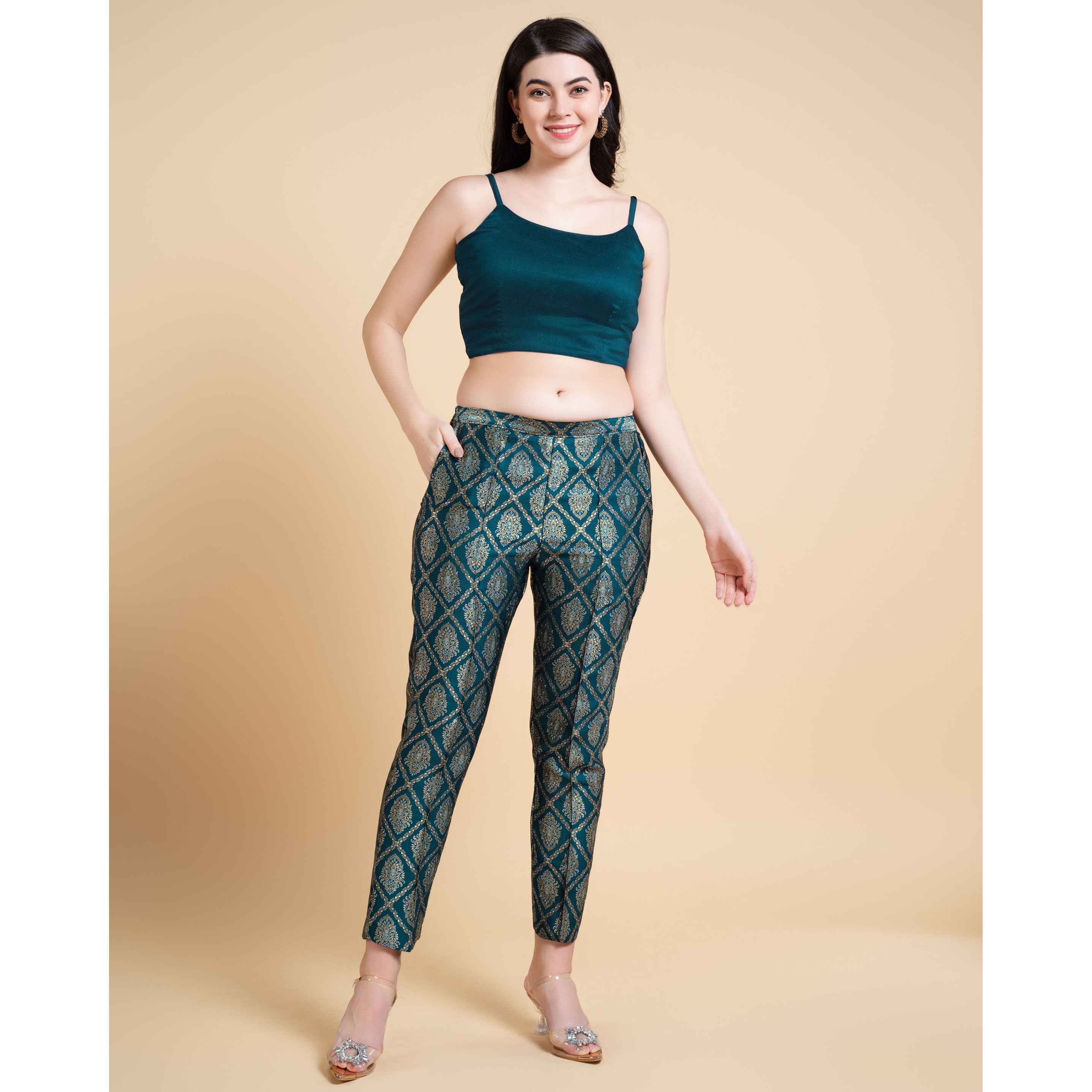MOJILAA Women's Teal Jacquard Paisley Brocade Woven Design Festive & Party Co-ord Set
