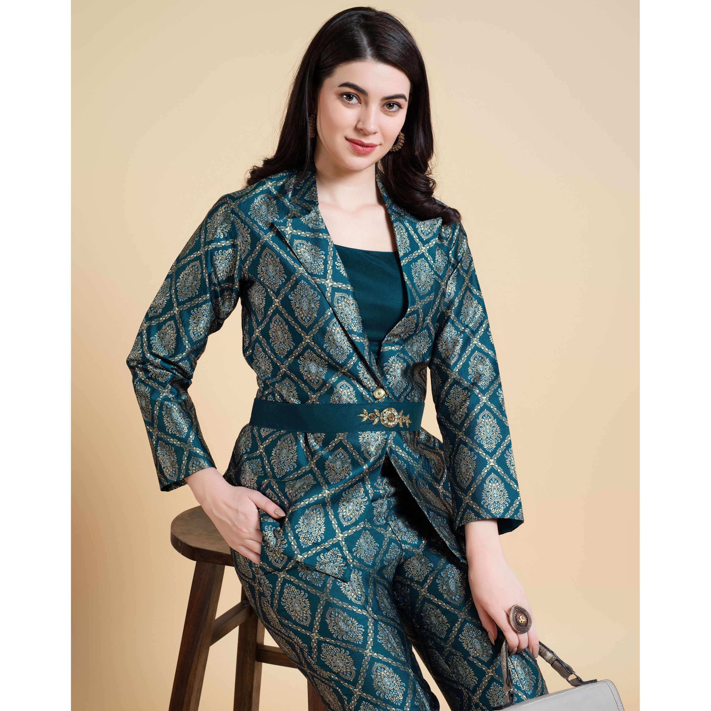 MOJILAA Women's Teal Jacquard Paisley Brocade Woven Design Festive & Party Co-ord Set