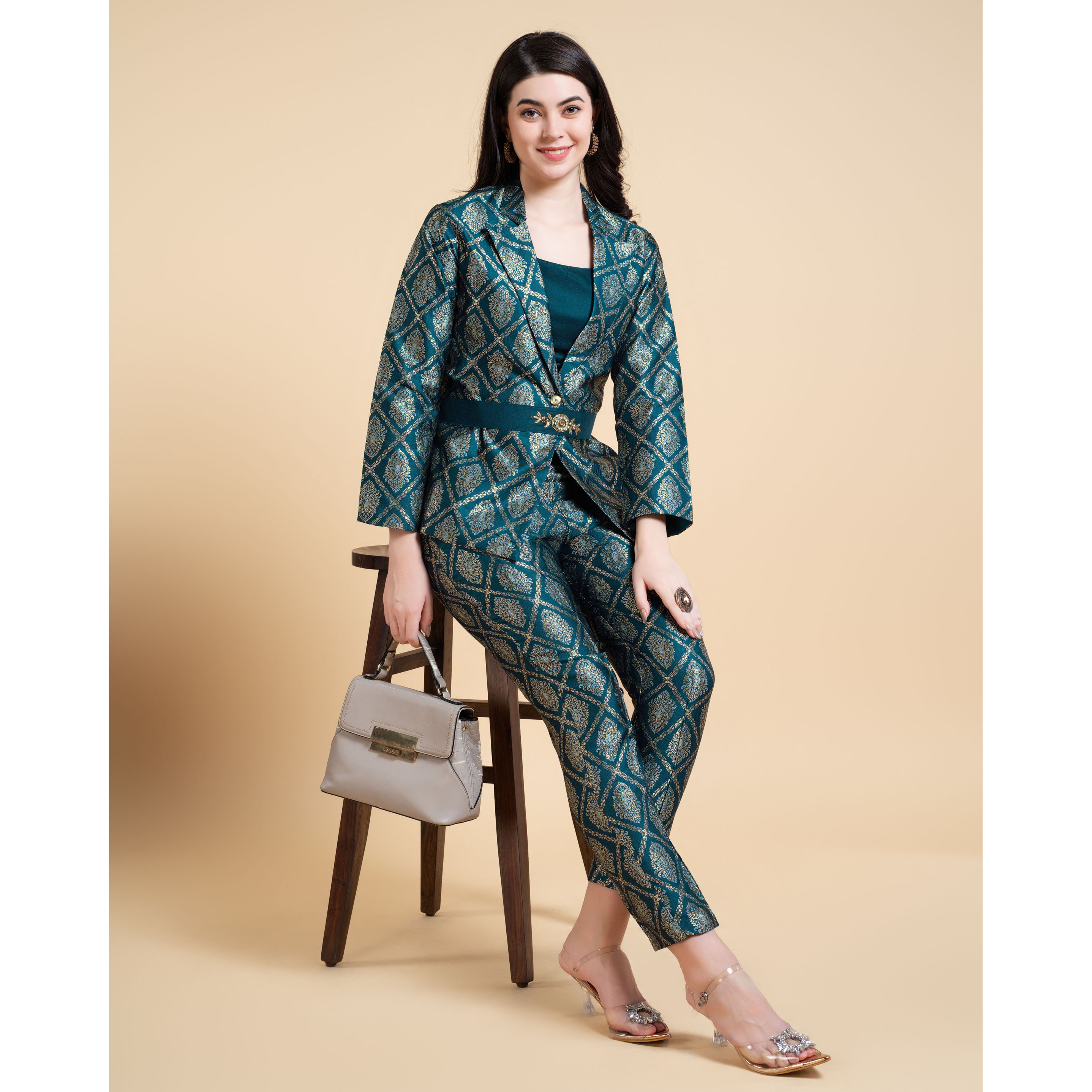 MOJILAA Women's Teal Jacquard Paisley Brocade Woven Design Festive & Party Co-ord Set