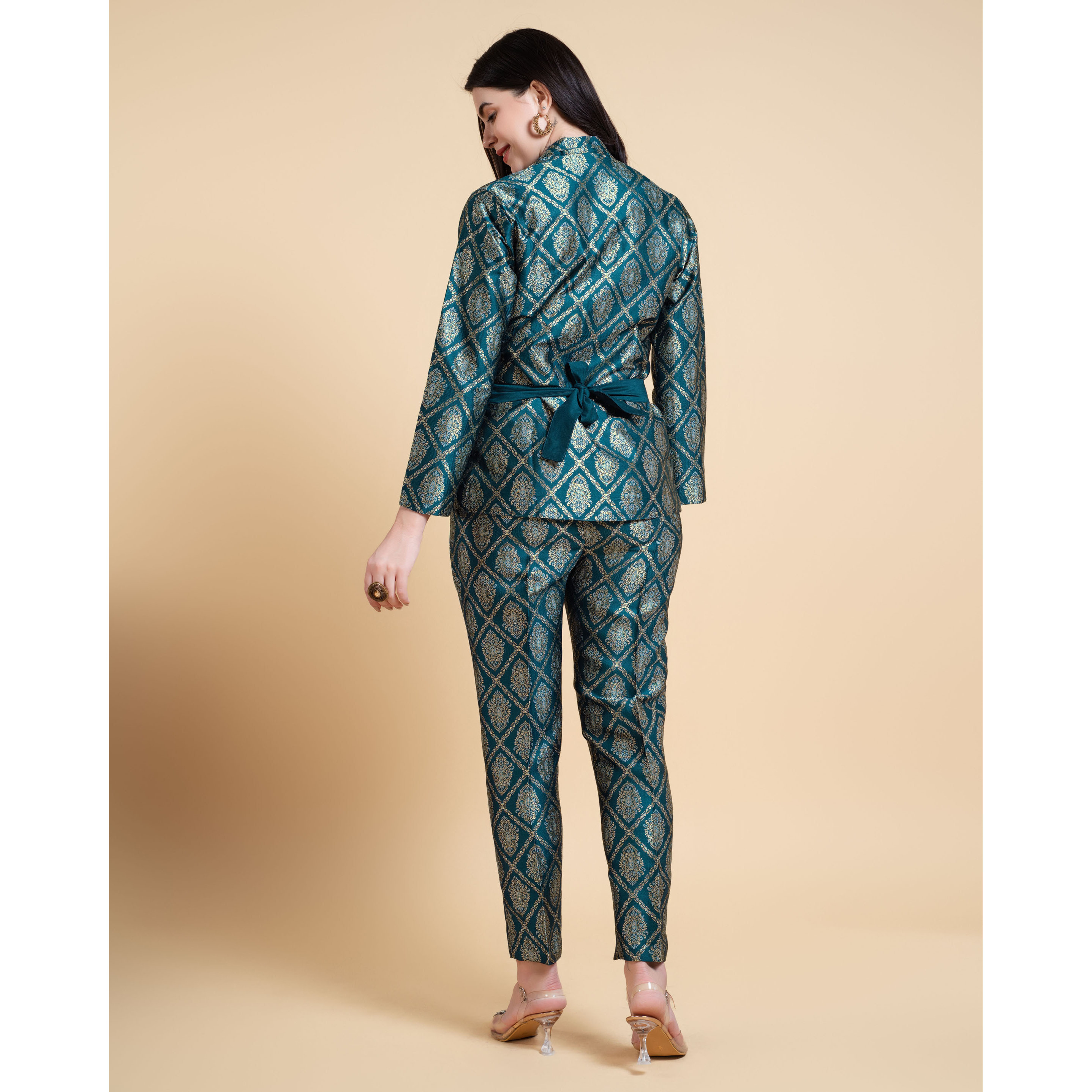 MOJILAA Women's Teal Jacquard Paisley Brocade Woven Design Festive & Party Co-ord Set