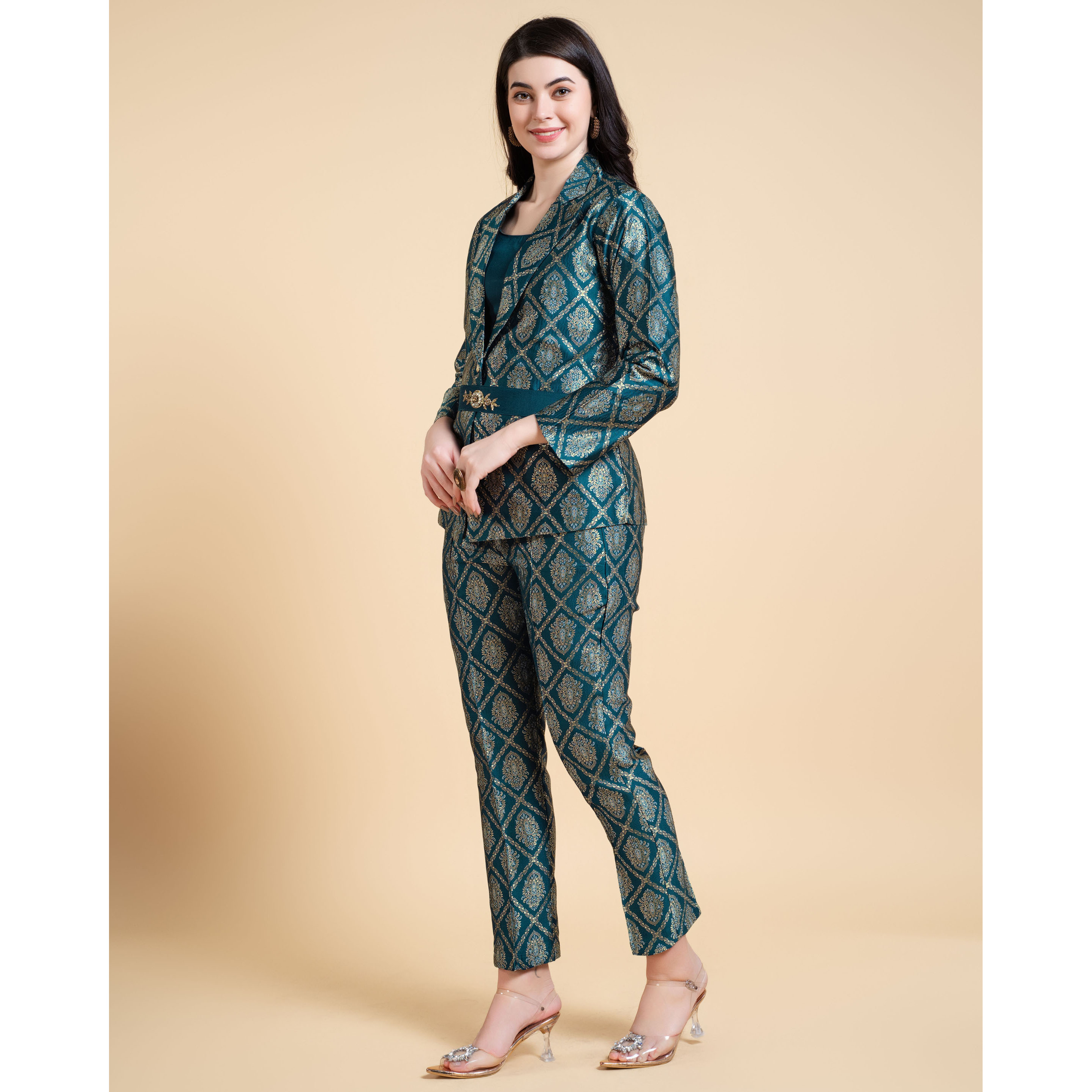 MOJILAA Women's Teal Jacquard Paisley Brocade Woven Design Festive & Party Co-ord Set