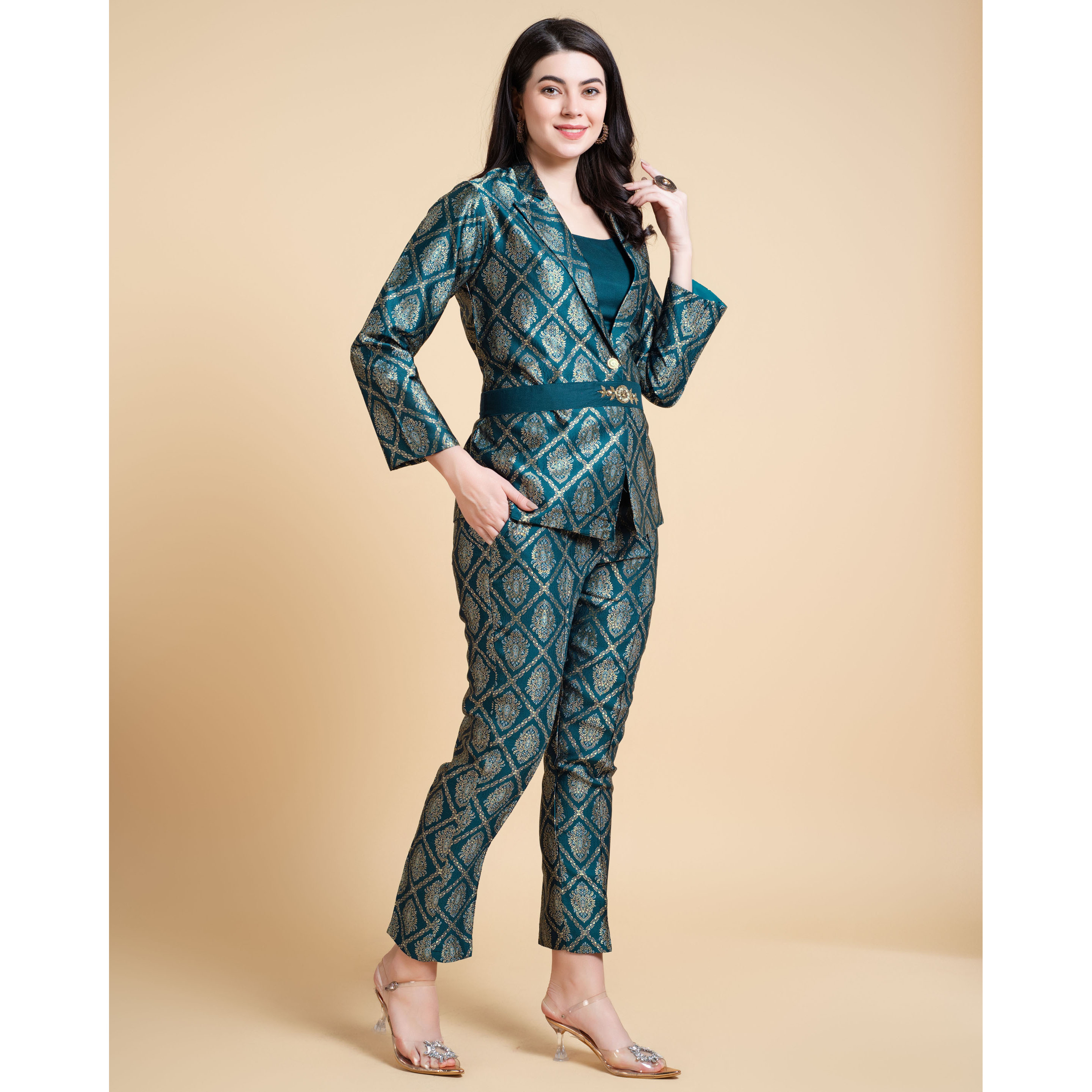 MOJILAA Women's Teal Jacquard Paisley Brocade Woven Design Festive & Party Co-ord Set
