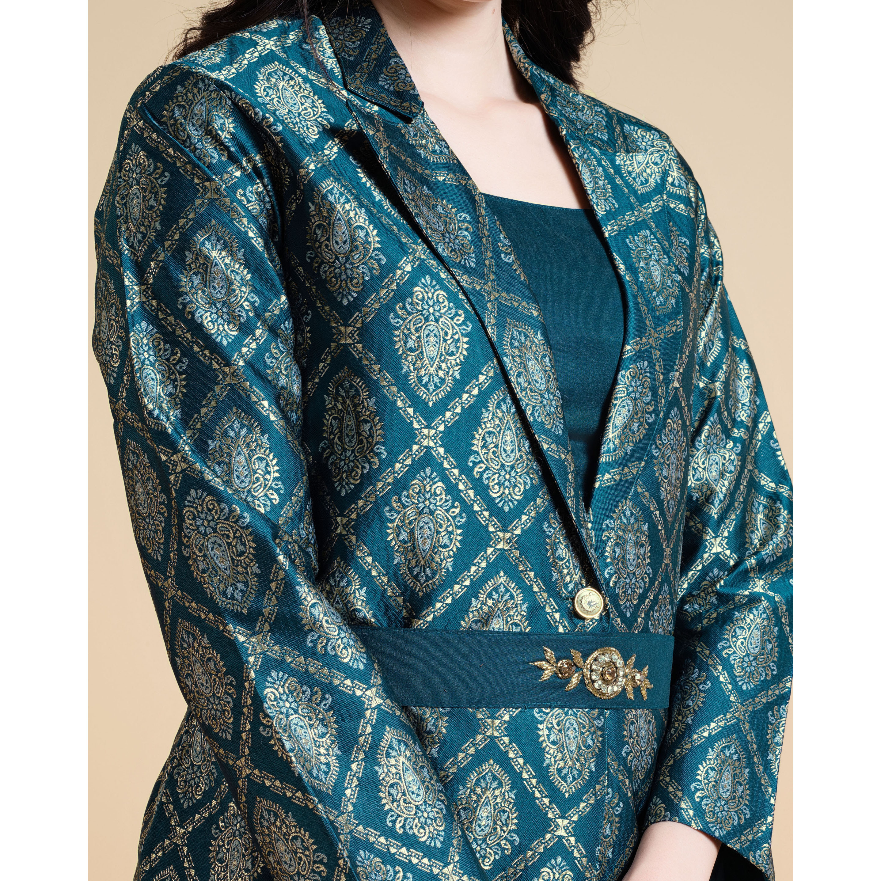 MOJILAA Women's Teal Jacquard Paisley Brocade Woven Design Festive & Party Co-ord Set
