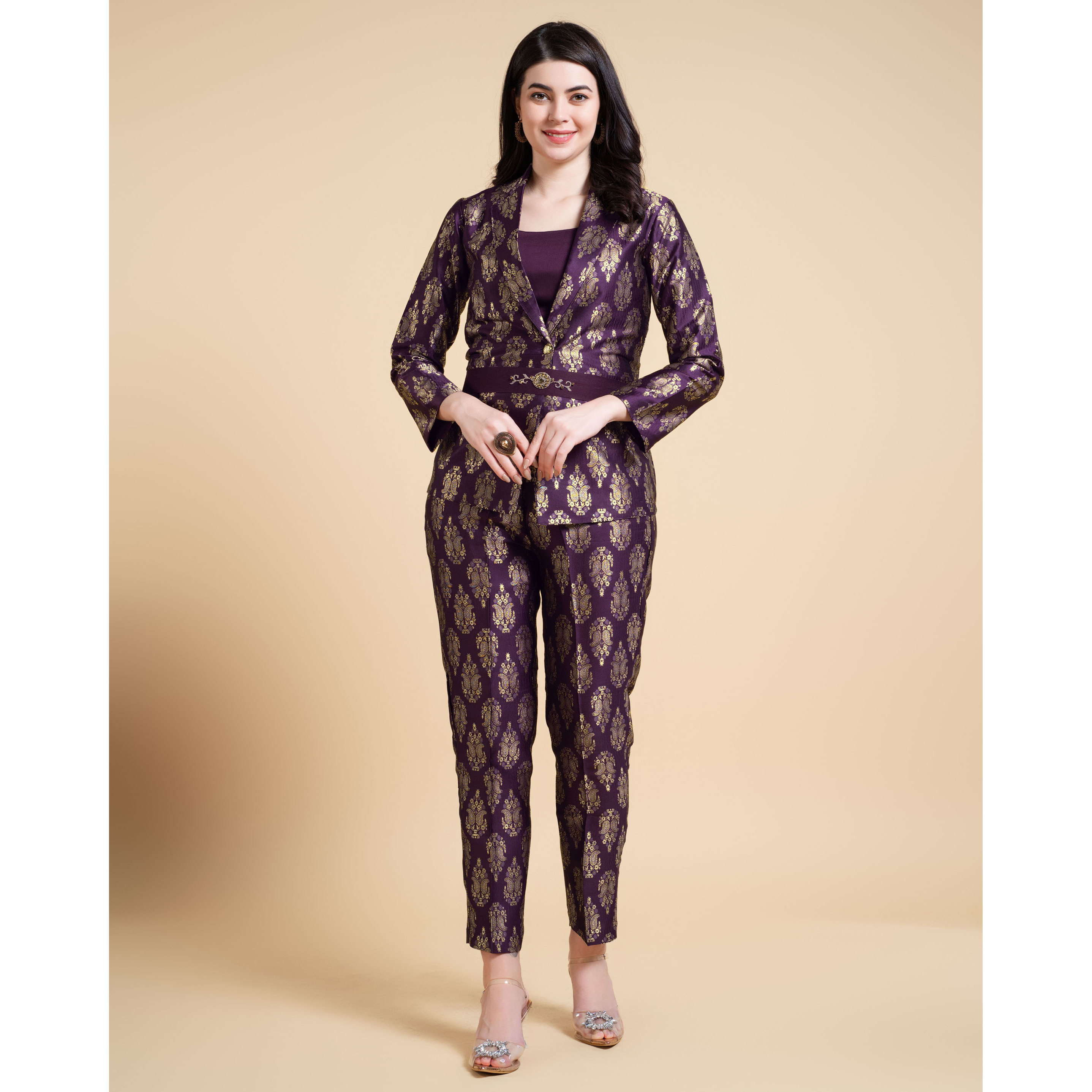 MOJILAA Women's Wine Jacquard Paisley Brocade Woven Design Festive & Party Co-ord Set