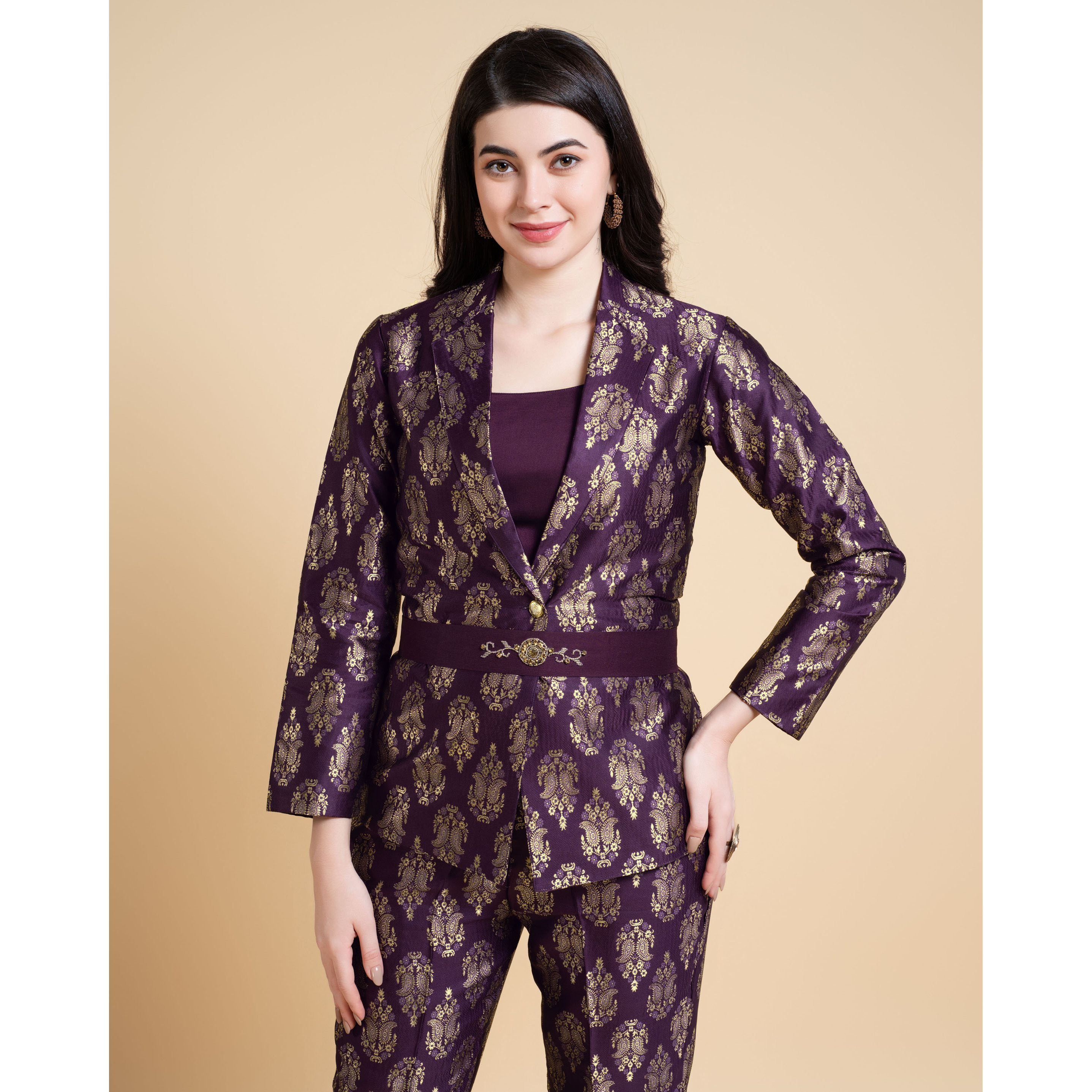 MOJILAA Women's Wine Jacquard Paisley Brocade Woven Design Festive & Party Co-ord Set