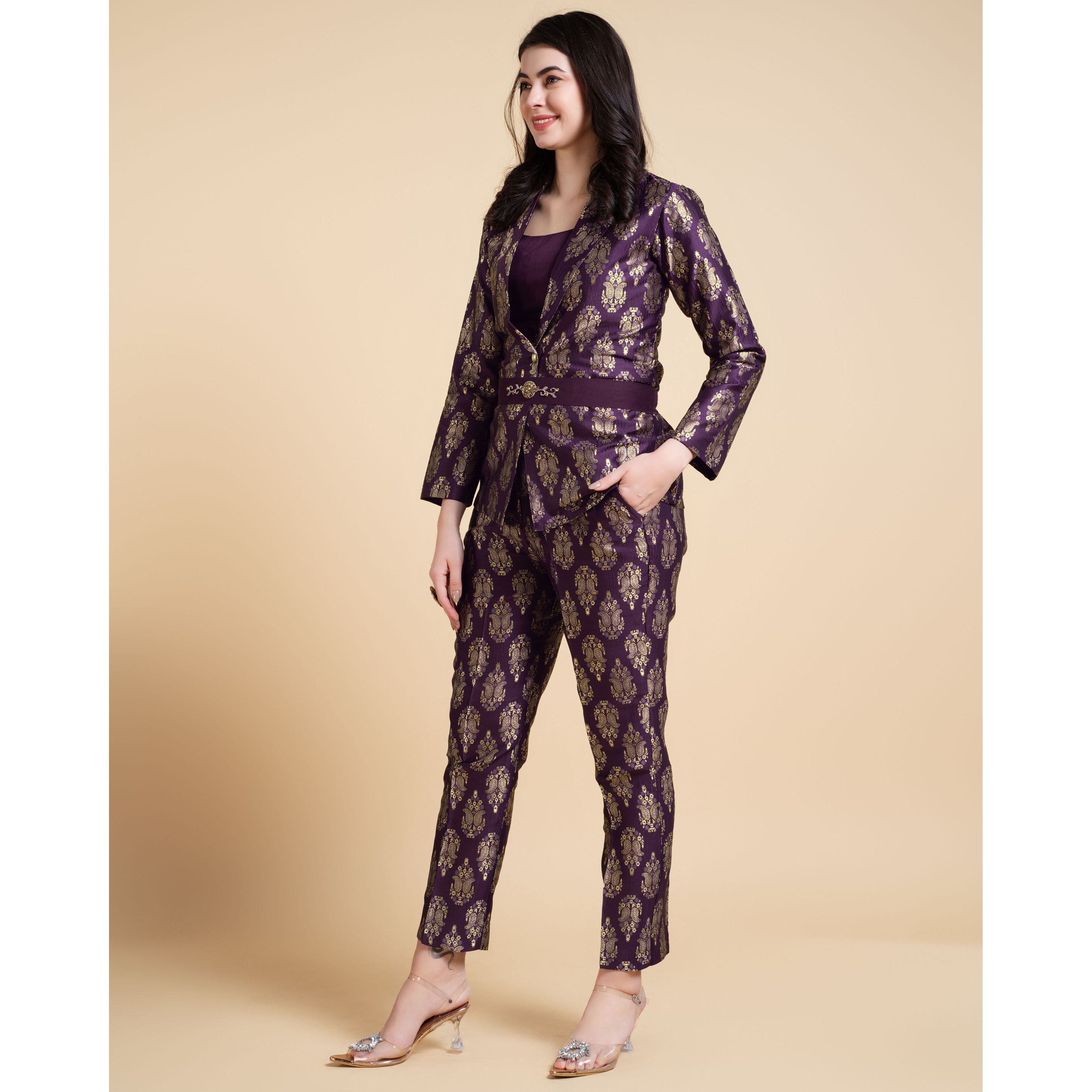 MOJILAA Women's Wine Jacquard Paisley Brocade Woven Design Festive & Party Co-ord Set
