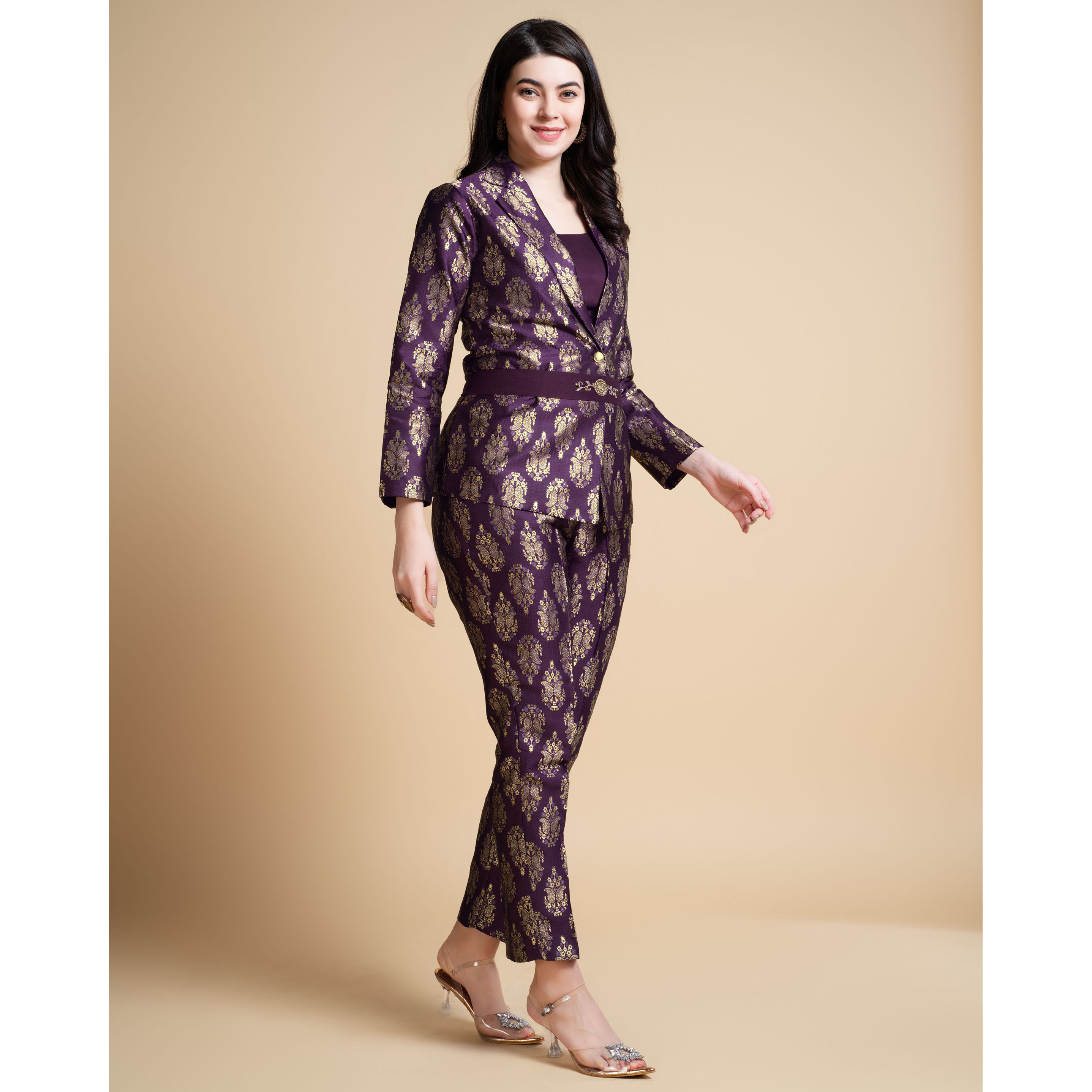 MOJILAA Women's Wine Jacquard Paisley Brocade Woven Design Festive & Party Co-ord Set