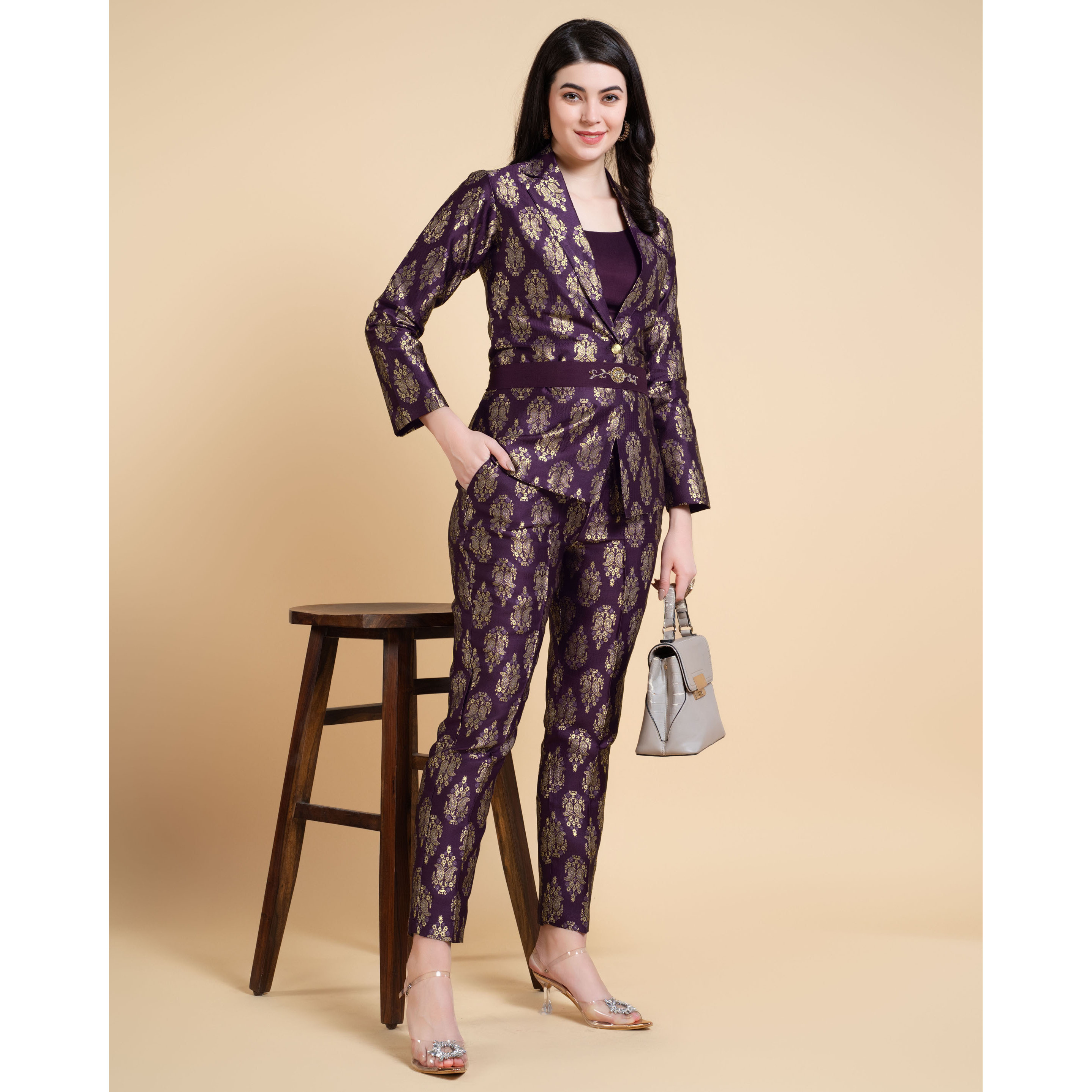 MOJILAA Women's Wine Jacquard Paisley Brocade Woven Design Festive & Party Co-ord Set