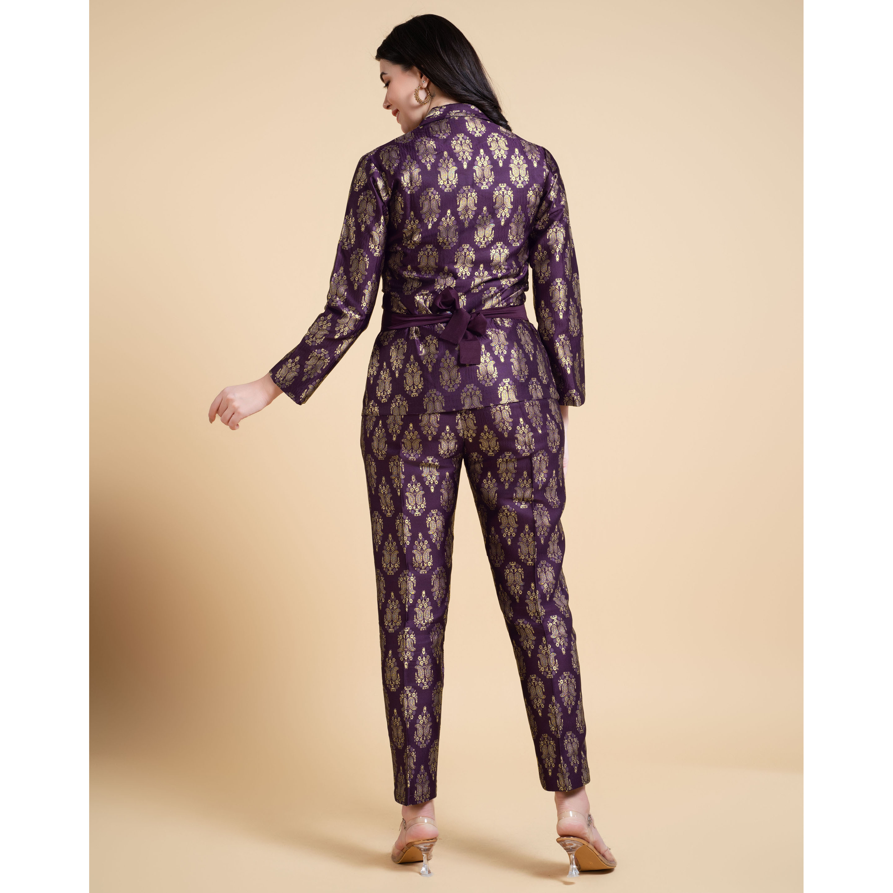 MOJILAA Women's Wine Jacquard Paisley Brocade Woven Design Festive & Party Co-ord Set